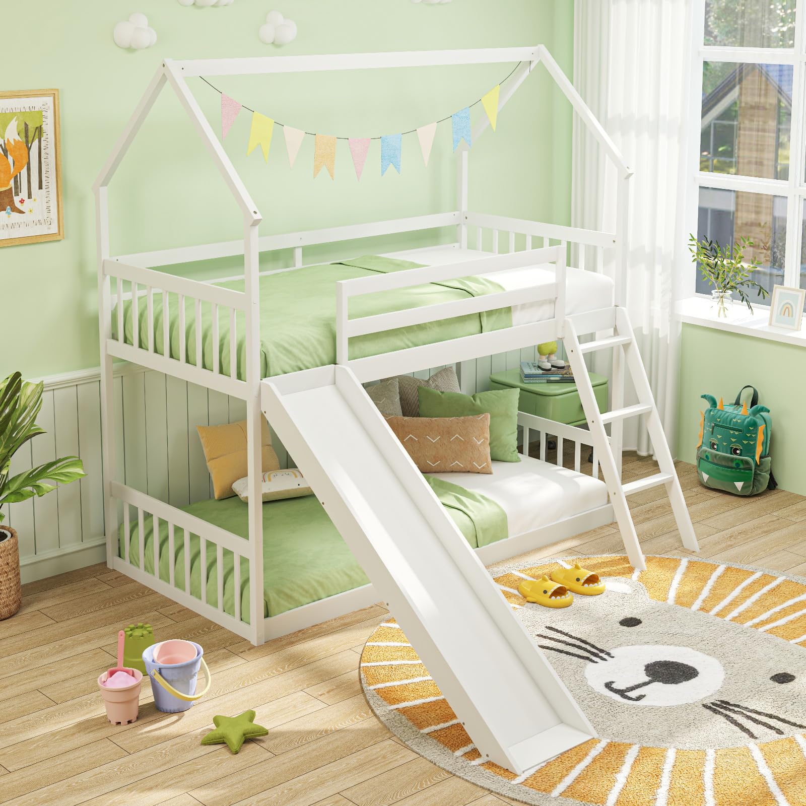 Kids Bunk Bed with Slide & Ladder, Twin Over Twin House Bed