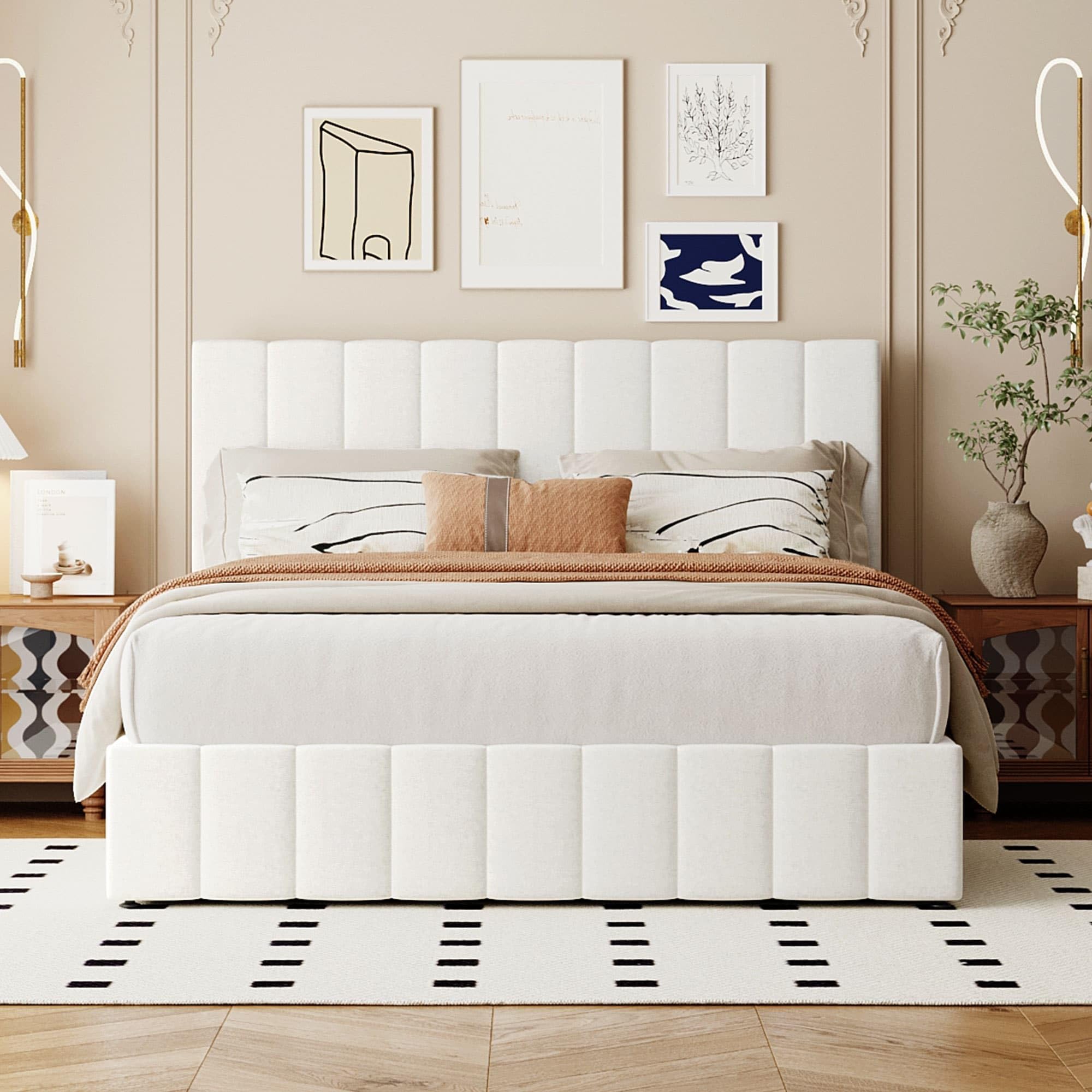 Upholstered Platform Bed with a Hydraulic Storage System White - Queen