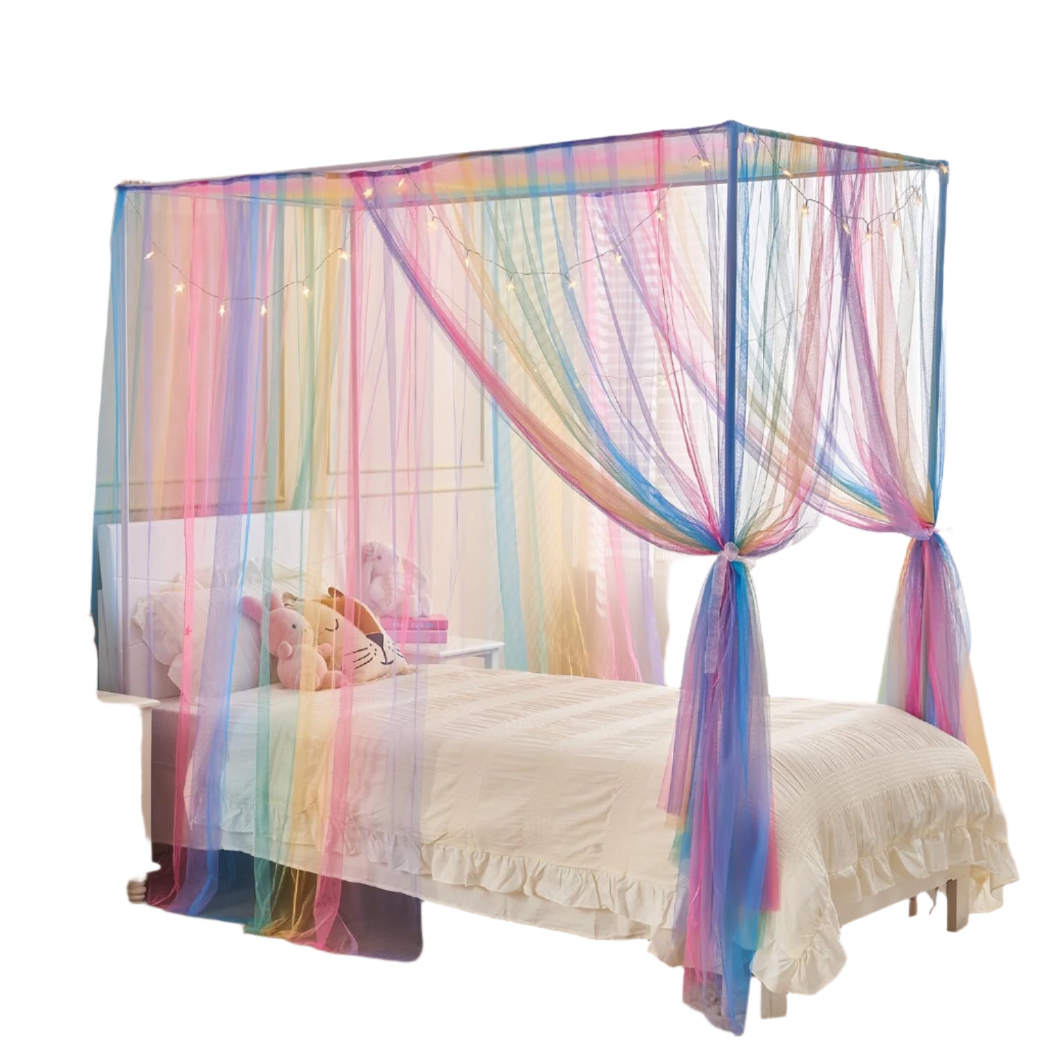 Rainbow Bed Canopy for Girls Kids with Light, 4 Corner Post Princess Canopy