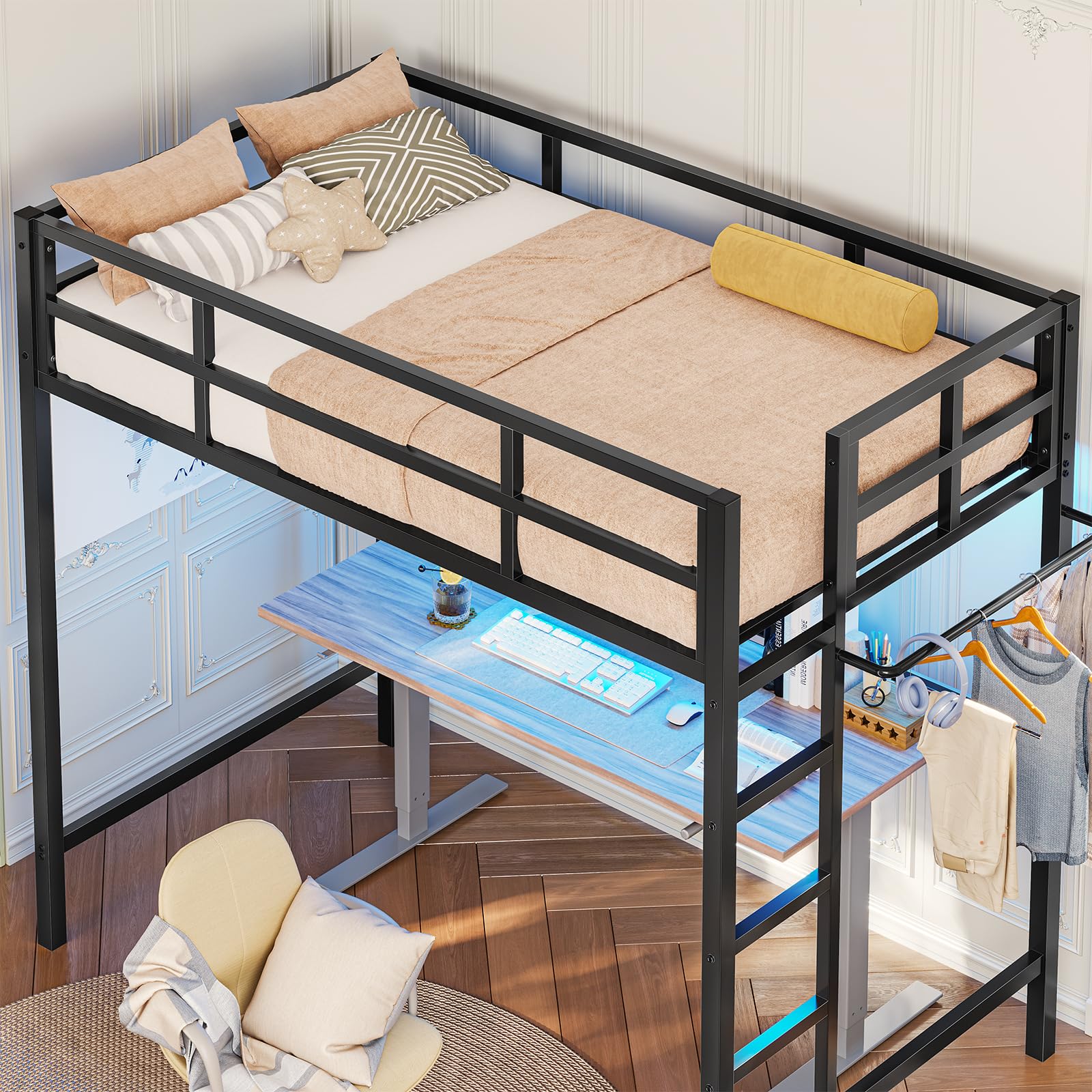 Twin Loft Bed with LED Lights, Metal Loft Bed Twin Size