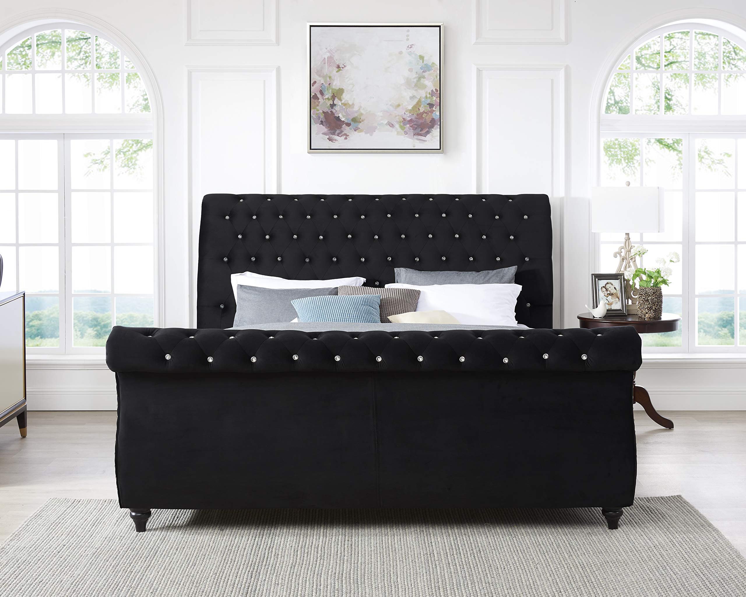Evora Black Velvet Upholstered Crystal Button Tufted Sleigh Bed, Queen Size