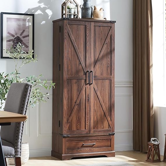 72" Tall Rattan Kitchen Pantry Cabinet with Drawer, Boho Storage Cabinet