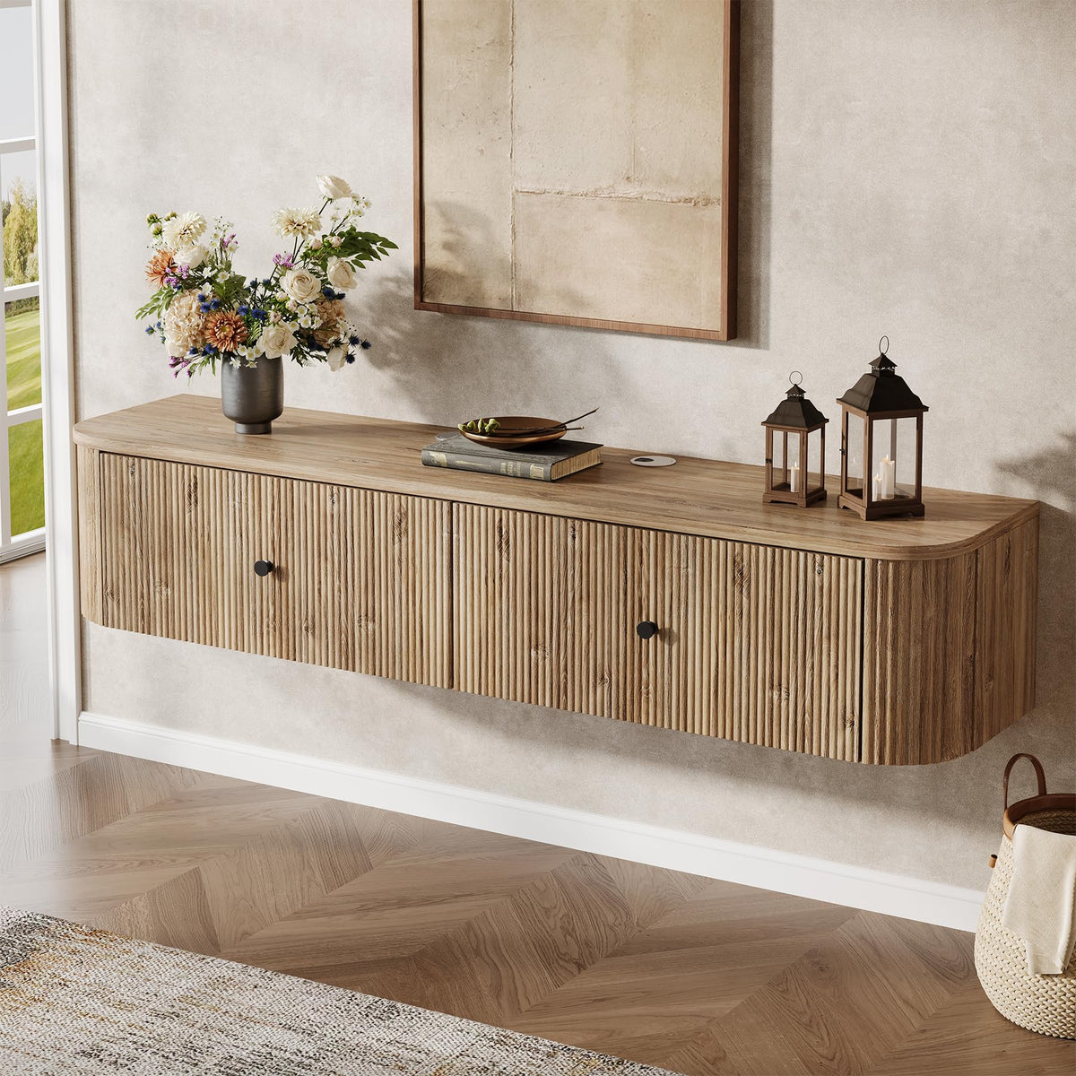 Floating TV Stand with Fluted Drawers