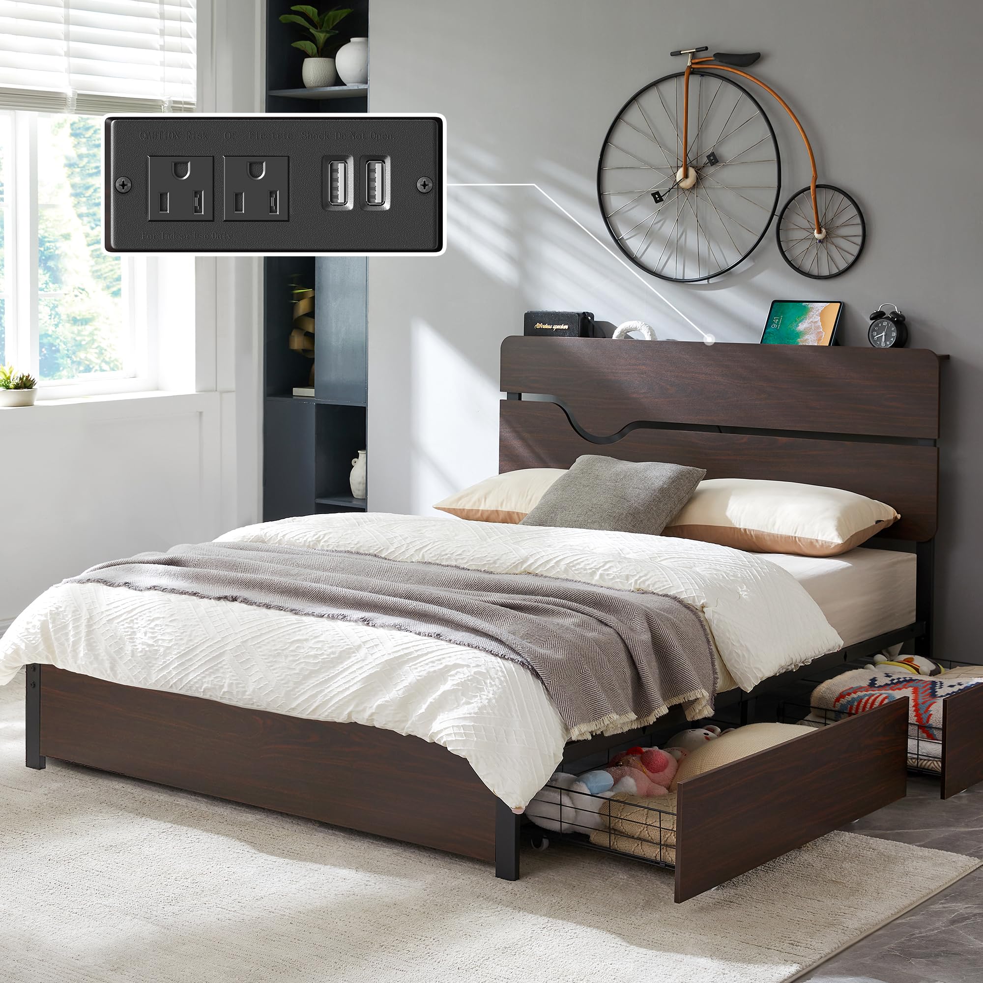 Queen Size Bed Frame with 4 Storage Drawers, Platform Bed Frame