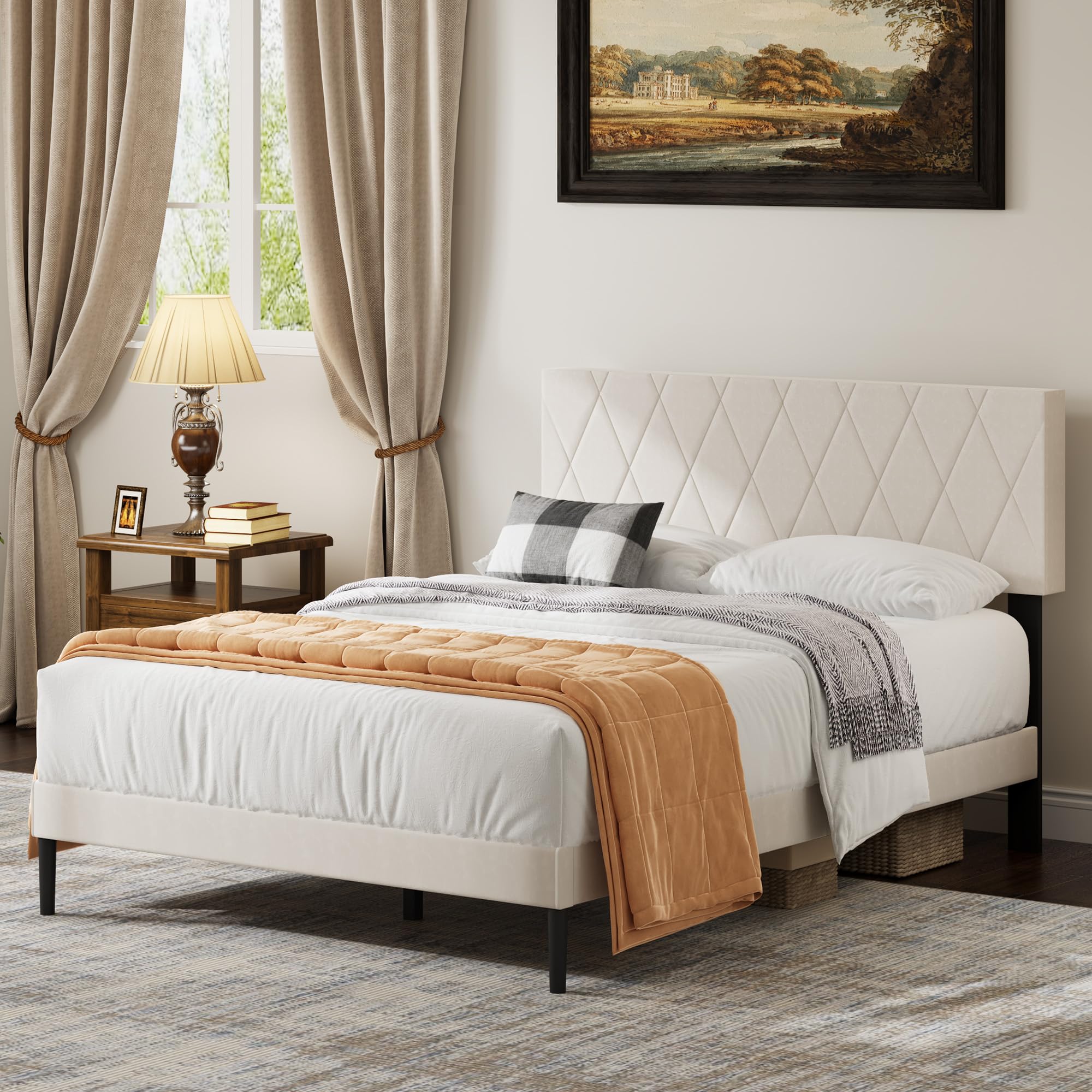 Queen Size Bed Frame with Velvet Upholstered Headboard, Platform