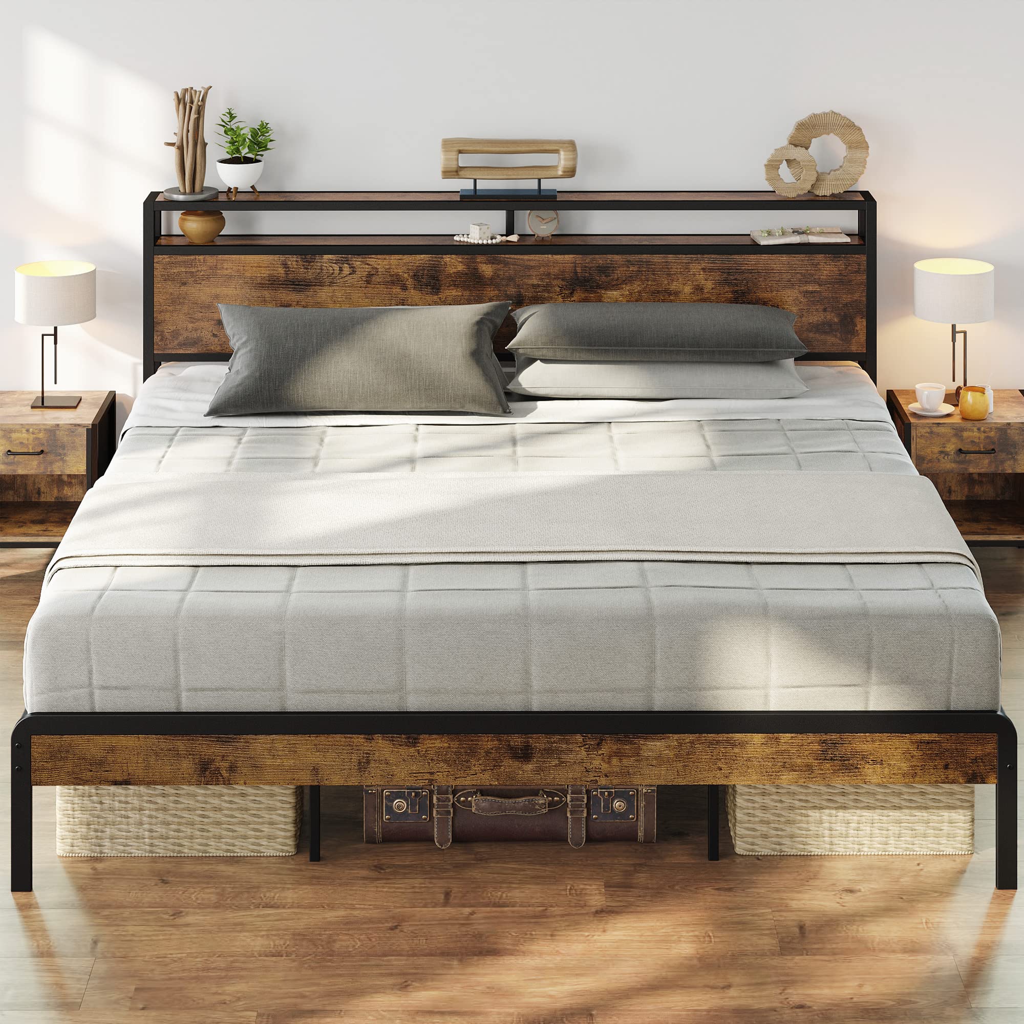 King Size Bed Frame, Platform Bed with 2-Tier Storage Headboard