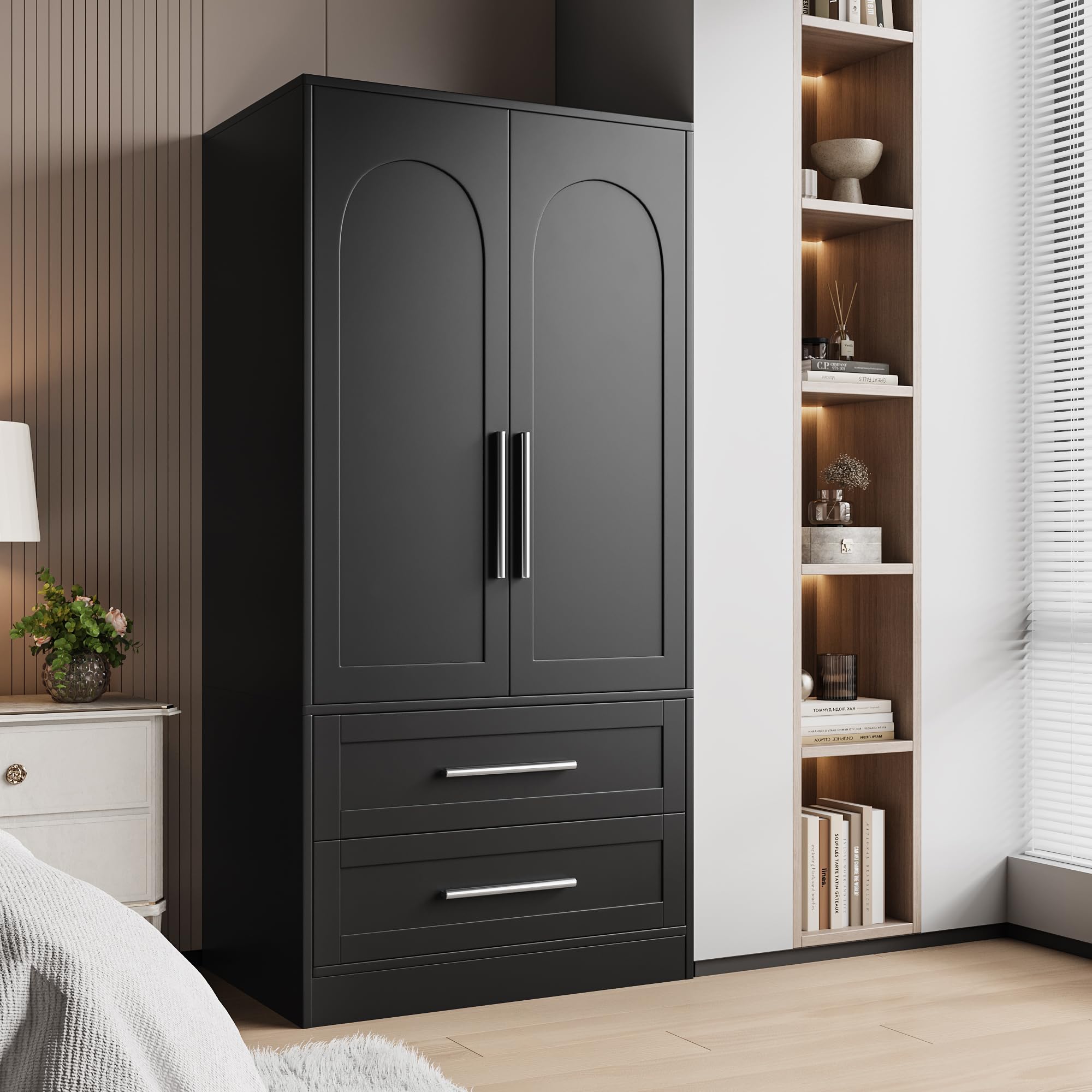 Wooden Armoire Wardrobe Closet with 2 Drawers, Clothing Storage