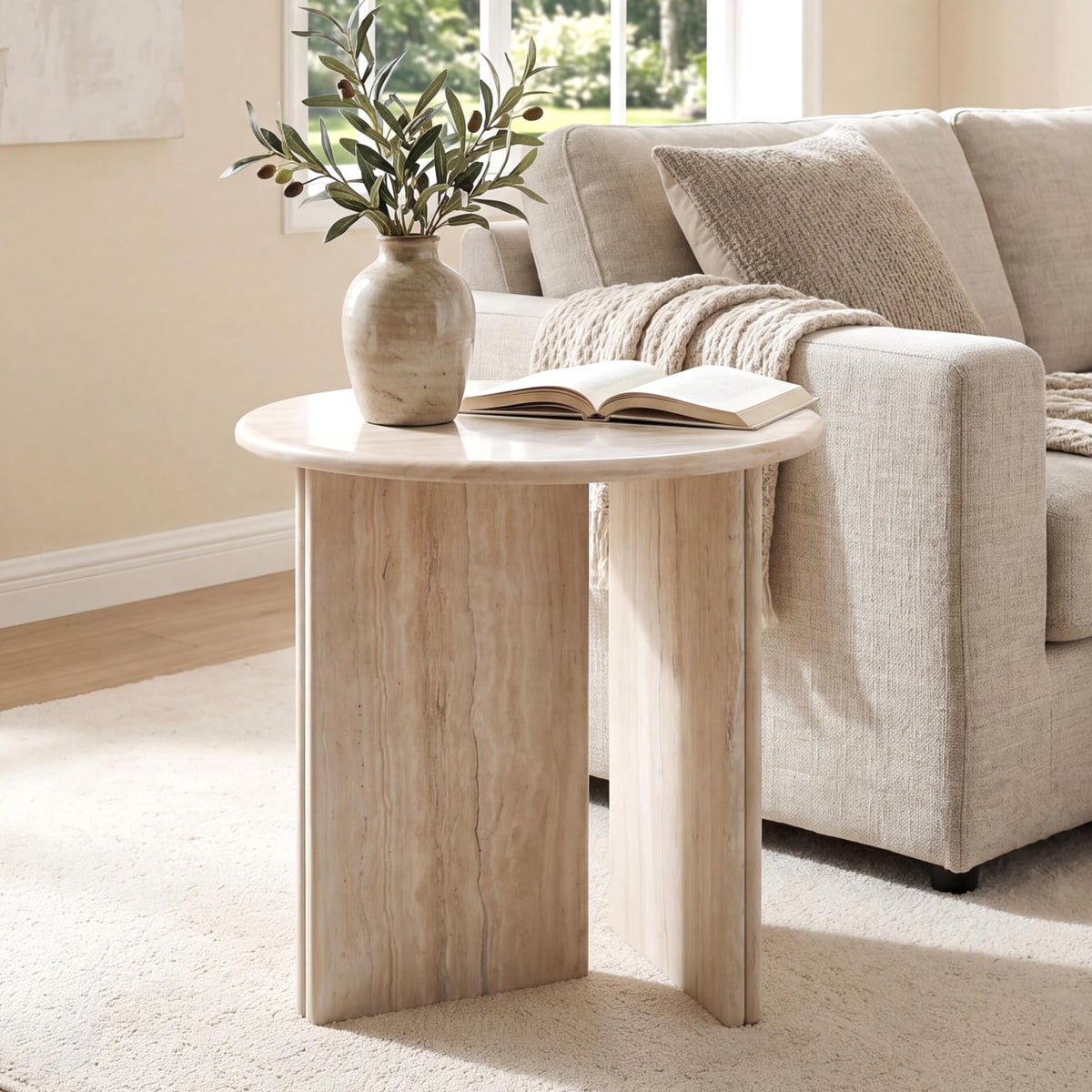 Round Faux Travertine Side Table