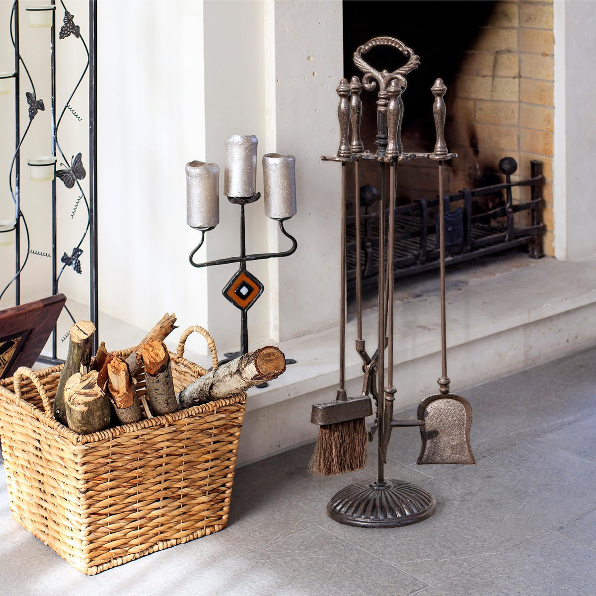 5-Piece Cast Iron Fireplace Tool Set with Stand