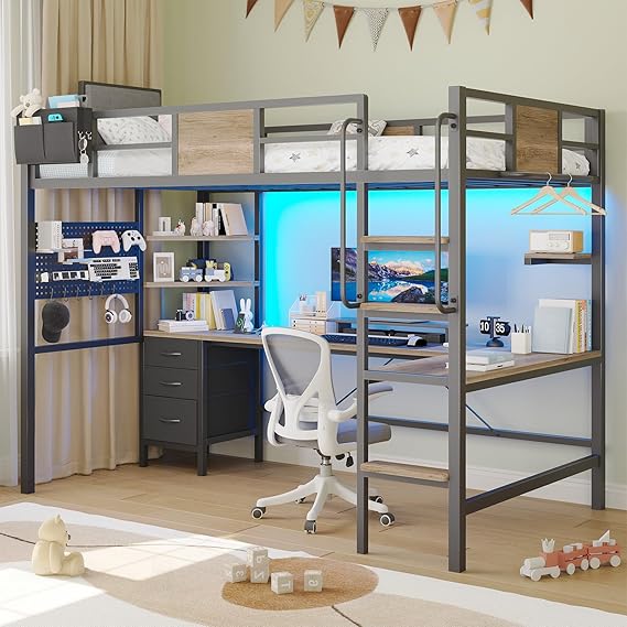 L-Shaped Desk and 3 Fabric Drawers, Metal Twin Loft Bed