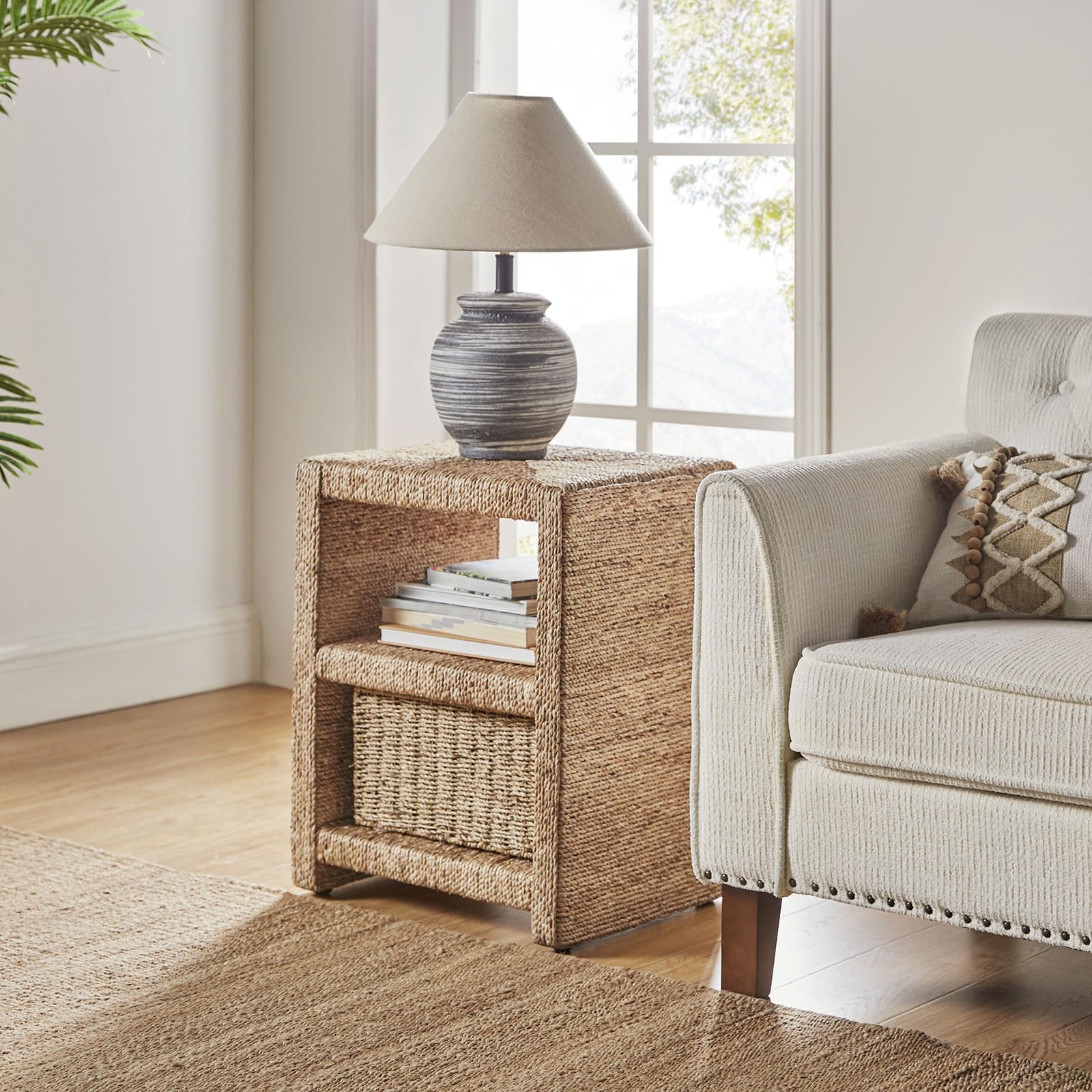 Rattan Nightstand with Two Open Shelves, Seagrass Side Table Coastal Style