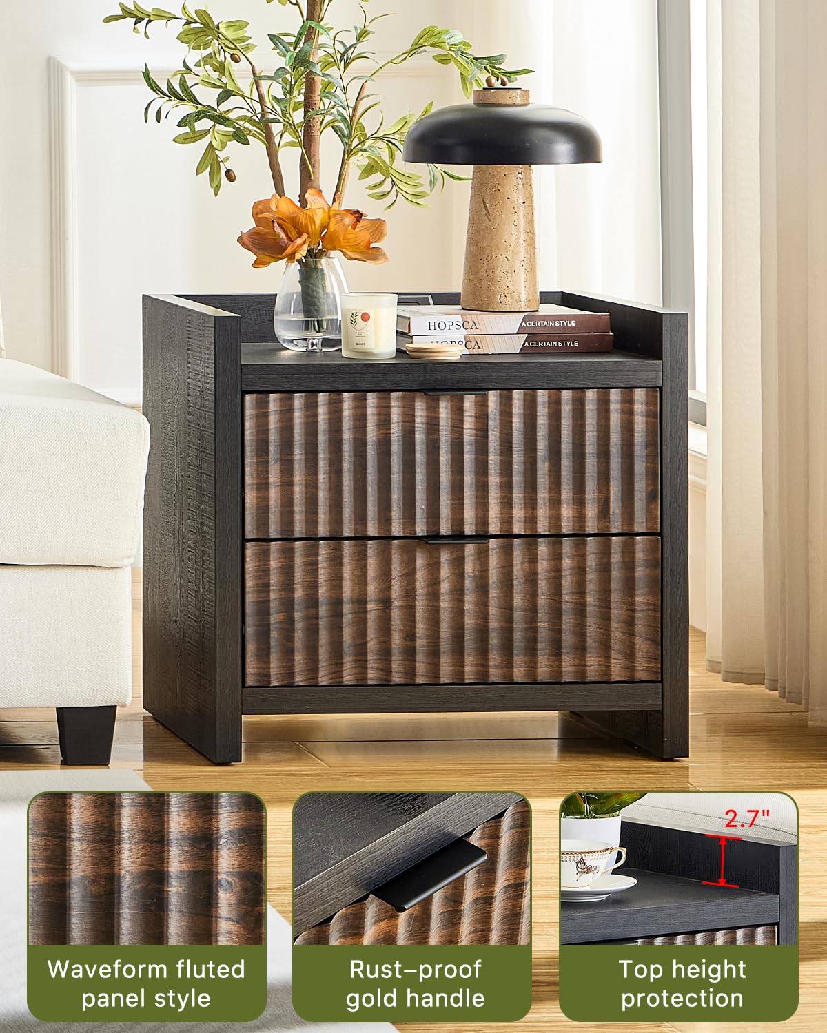 24" Night Stand Fluted Nightstand with Charging Station End Table 2 Drawers Storage