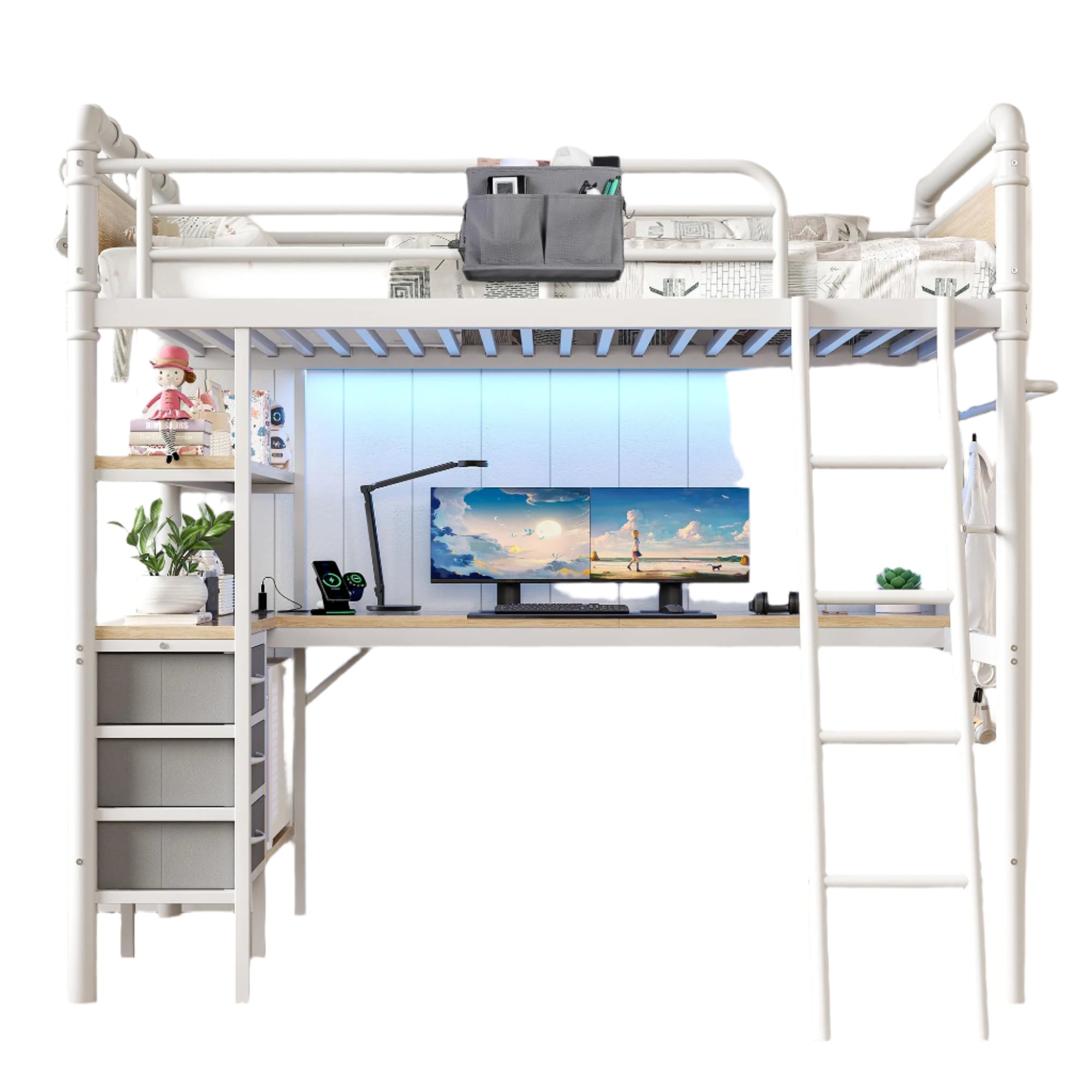 Twin Size Heavy Duty Metal Loft Bed with L-Shaped Desk, LED Lights,Charging