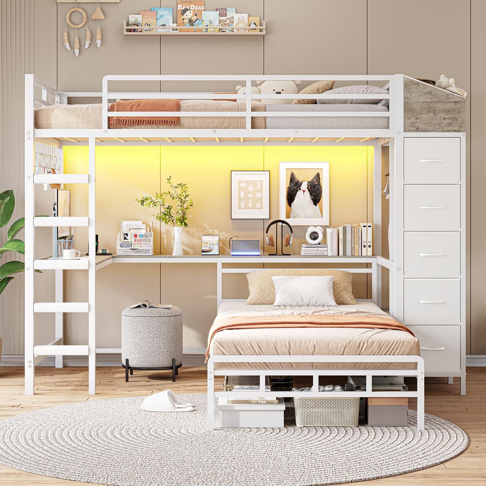 Bunk Bed Twin Over Twin with Hall Tree, Charging Station and LED Lights