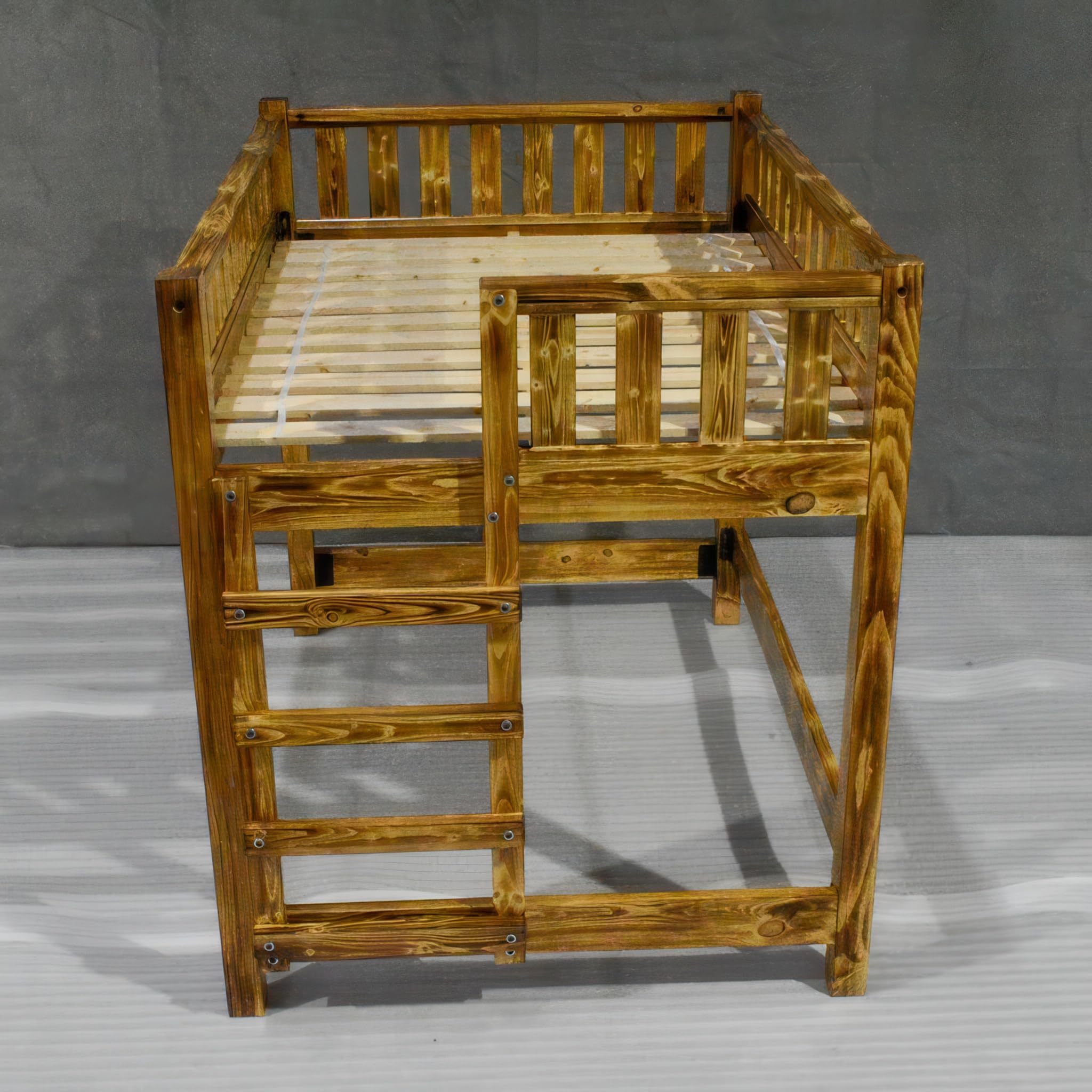 Wood Loft Bed Frame, Full Size - Torched Pine, Rustic, Heavy Duty, Adults, Kids