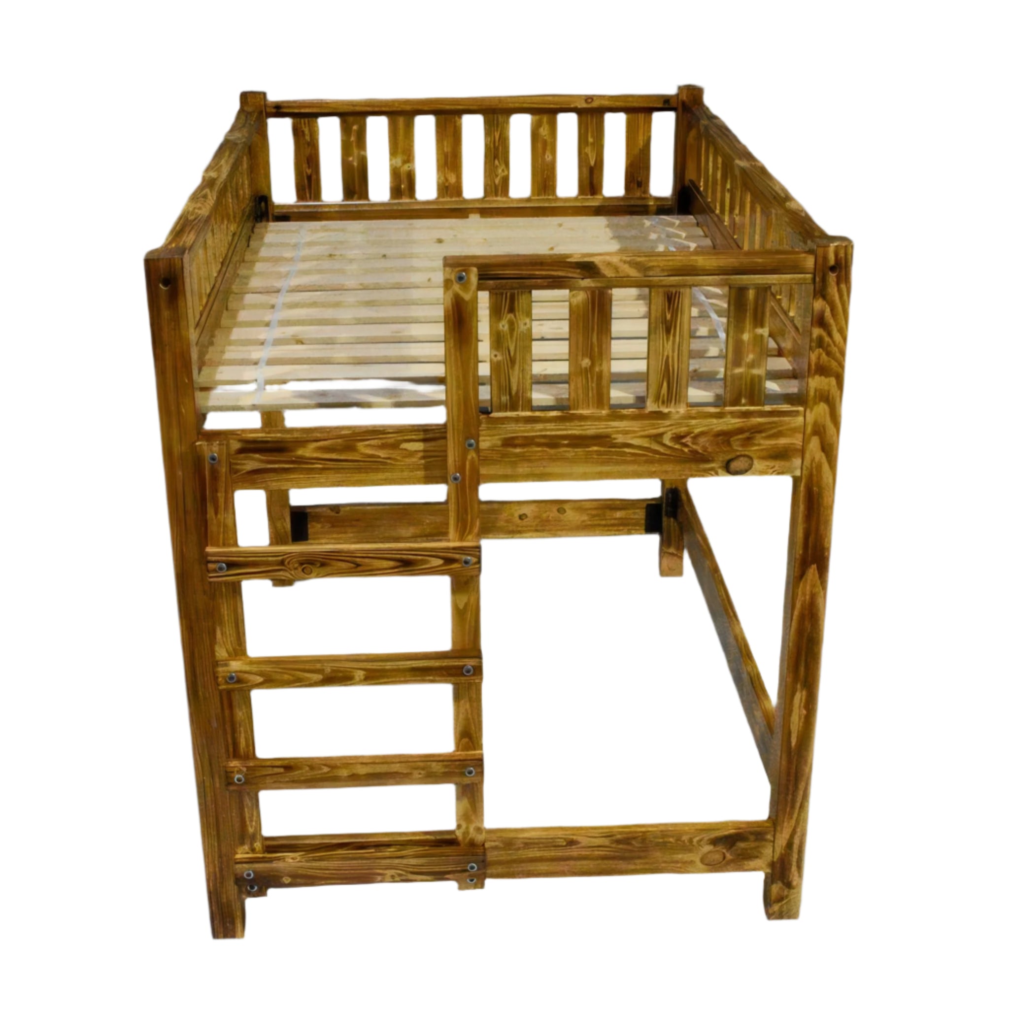Wood Loft Bed Frame, Queen Size - Torched Pine, Rustic, Heavy Duty
