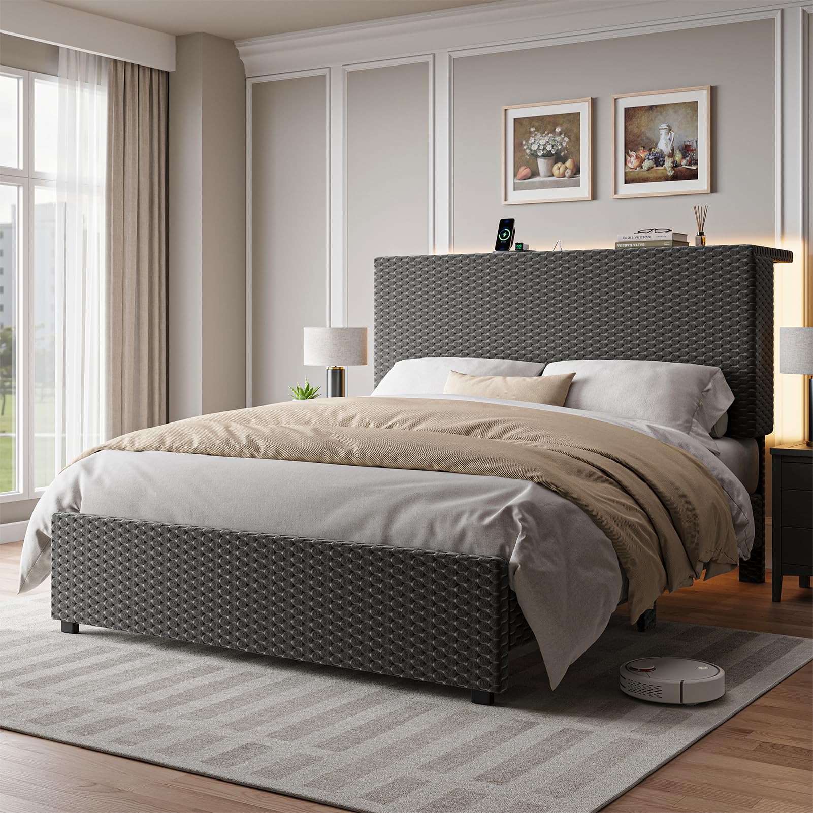 Queen Size Bed Frame with Storage Headboard, Upholstered Platform Bed Frame