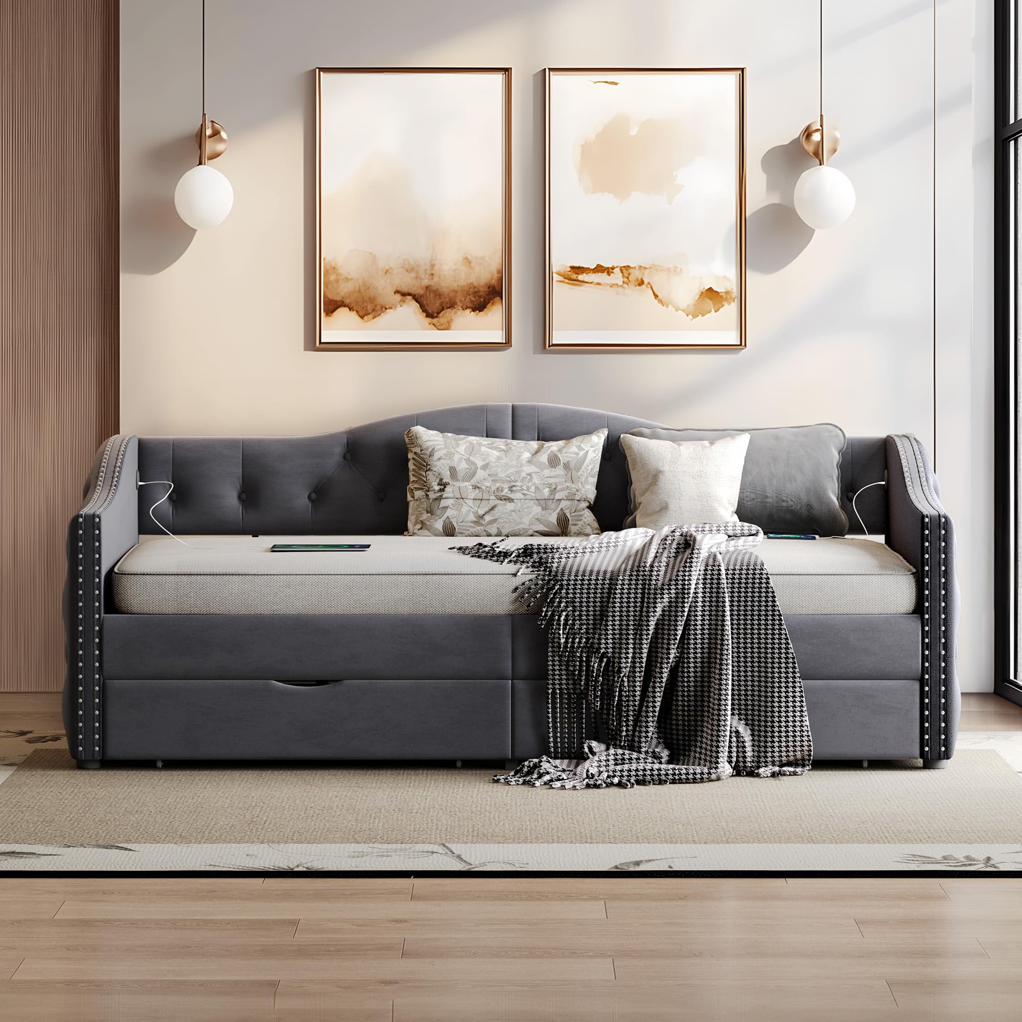 Size Daybed with Storage Drawers, Upholstered Daybed with 2 USB Ports
