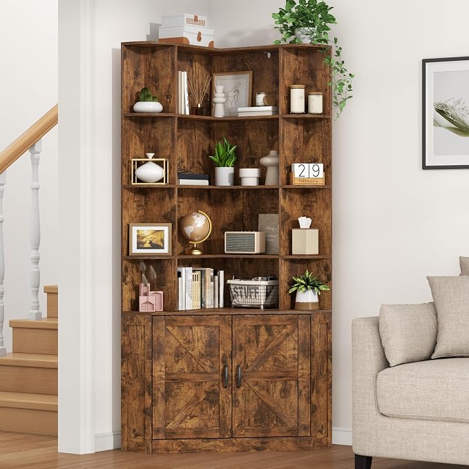 L-Shaped Corner Bookcase with Doors, 6-Tier