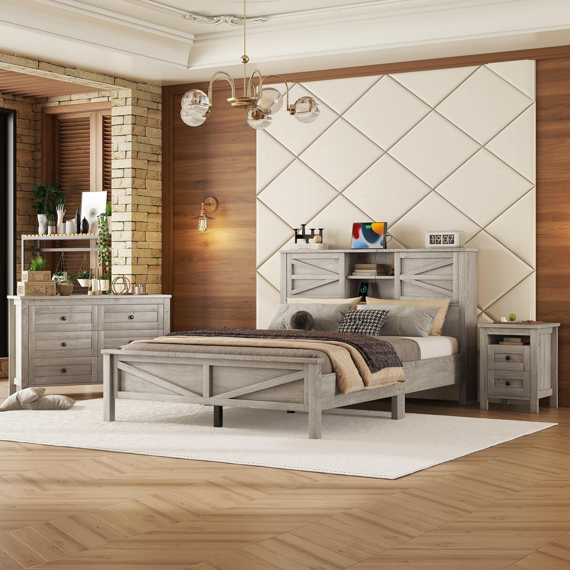 Farmhouse 3-Pieces Bedroom Sets, Queen Size Platform Bed with a Nightstand