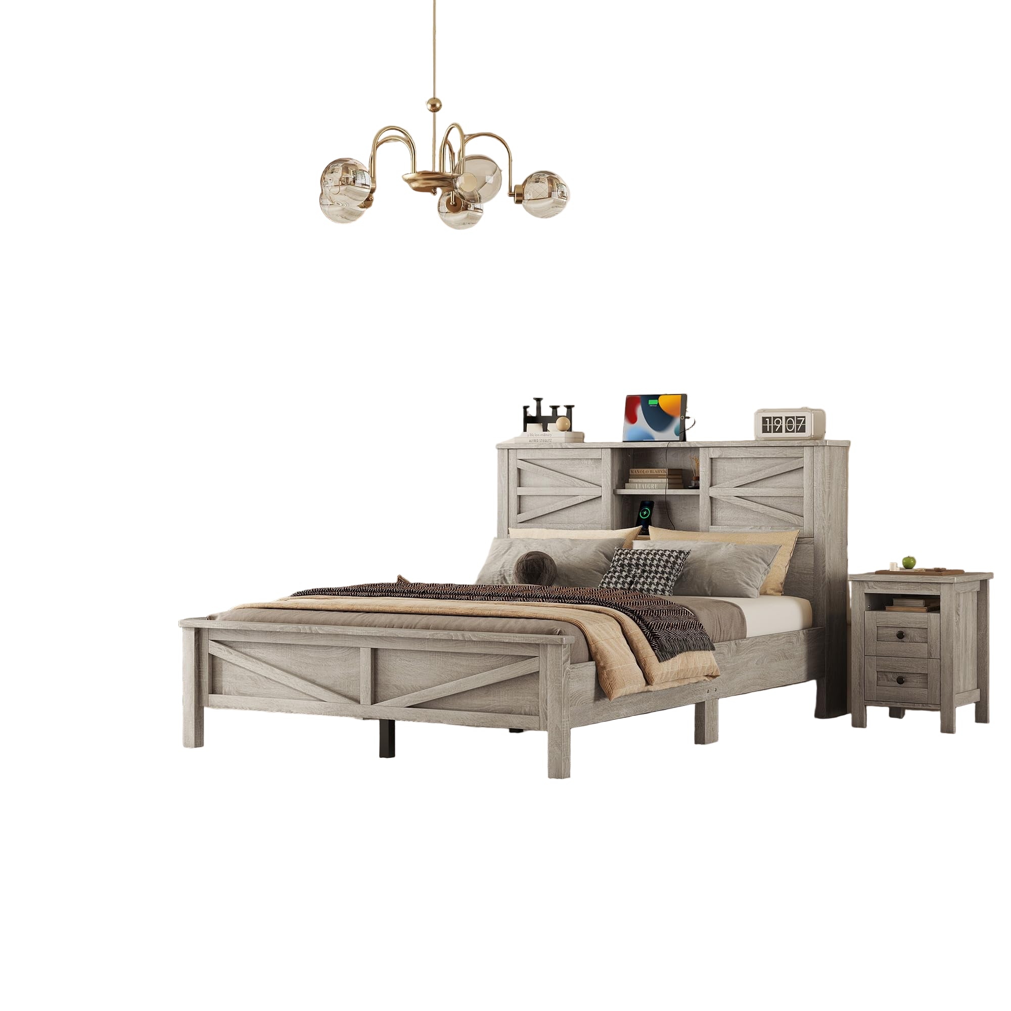 3-Pieces Bedroom Sets, Farmhouse Platform Bed, Storage Nightstand and Dresser