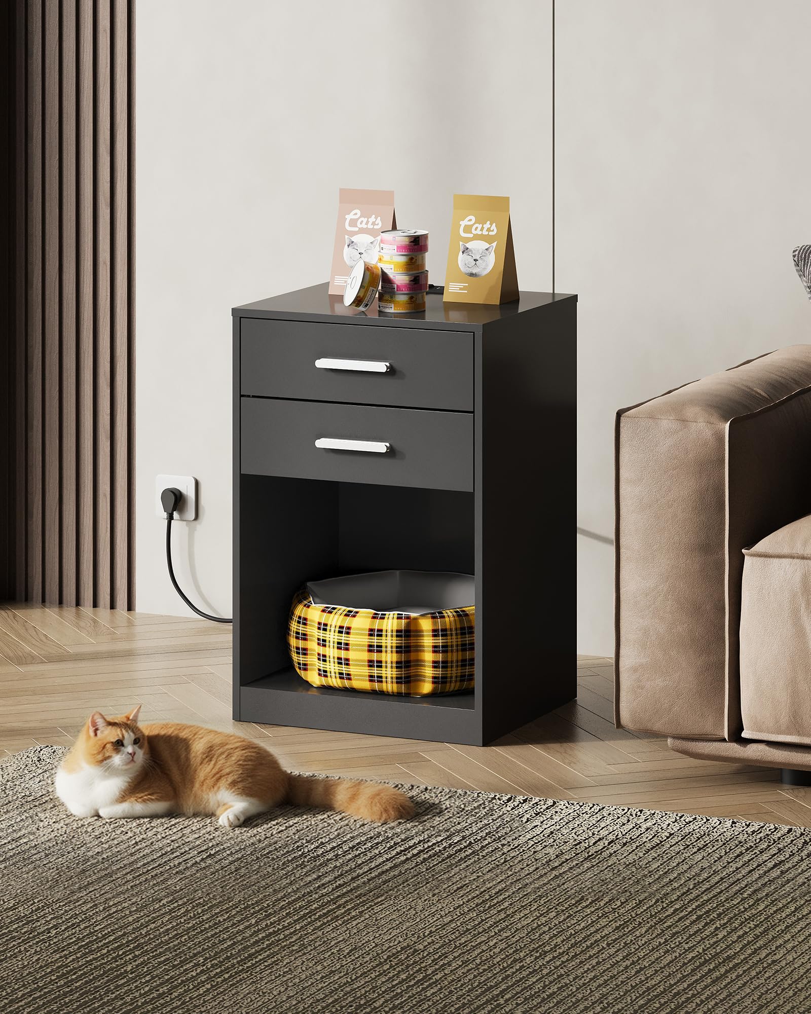Nightstand Set of 2 with Charging Station, Wood Night Stand Sets