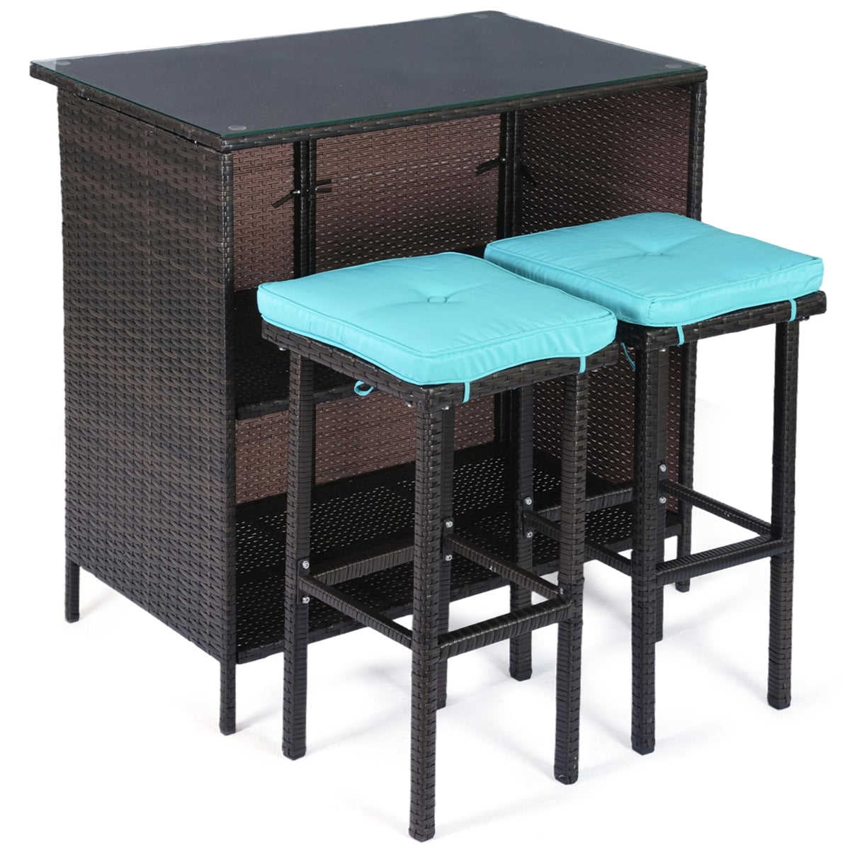 3-Piece Patio Bar Set with Stools, Glass Top & Cushions