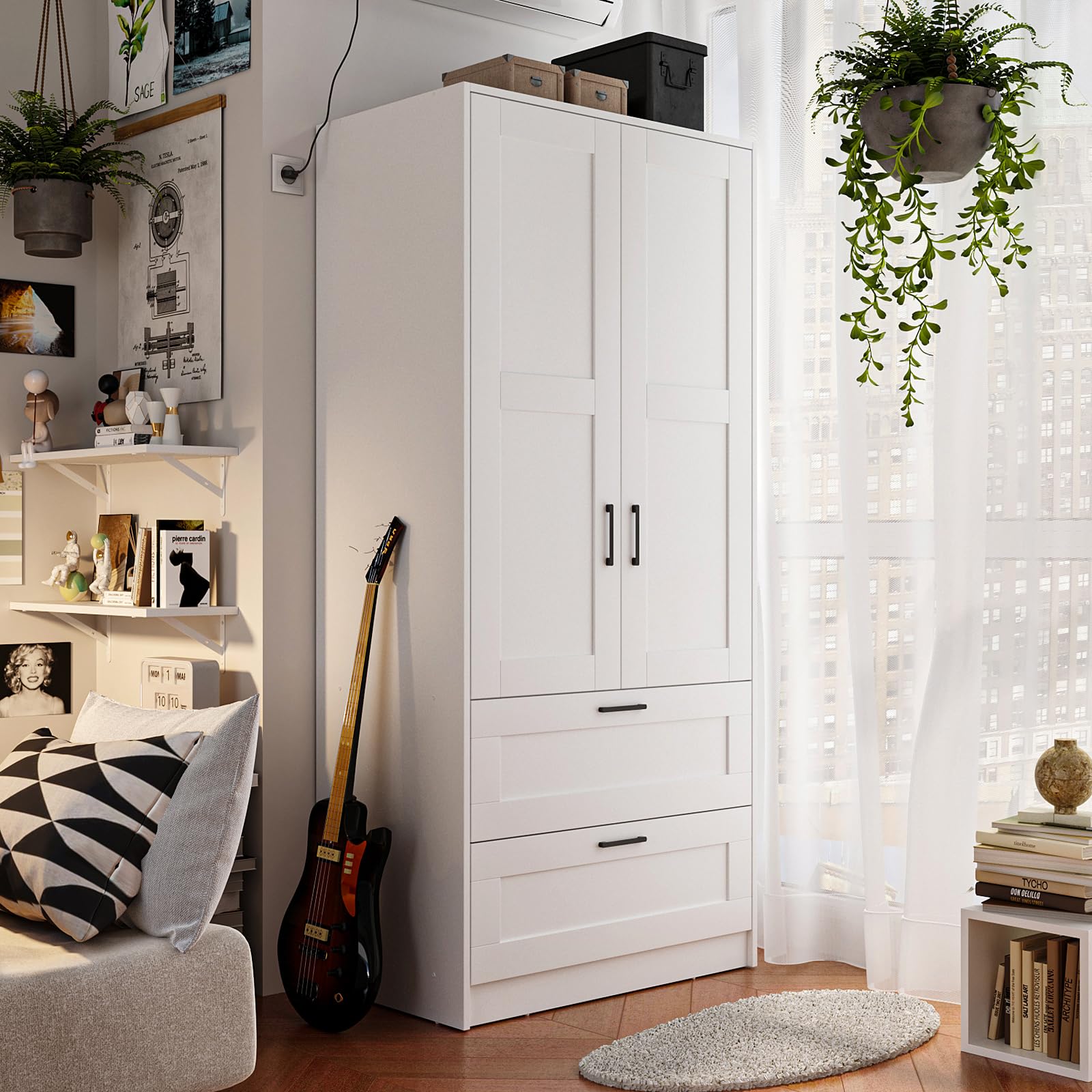 Wood White Wardrobe Closet with 2 Doors and 2 Drawers