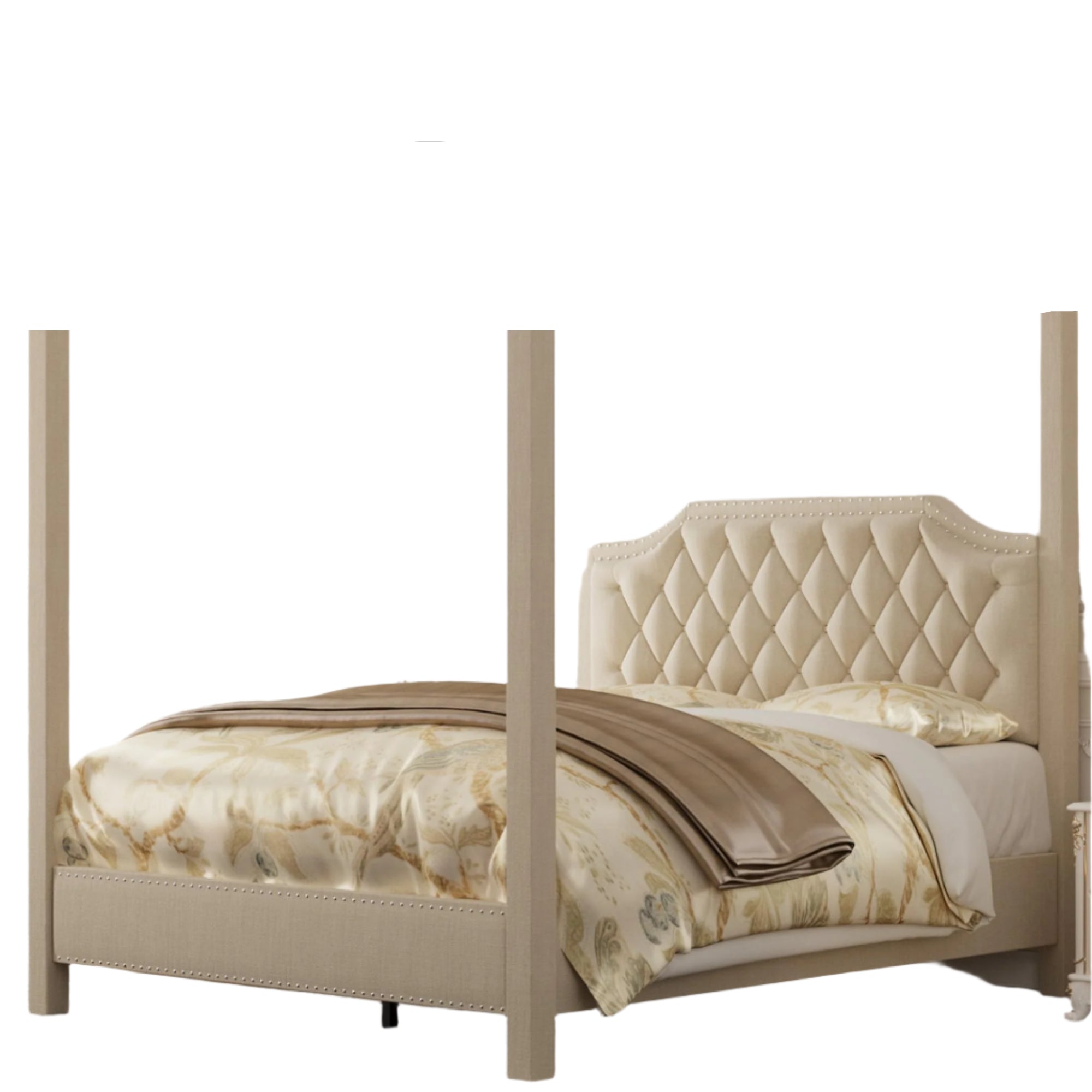 Queen Size Canopy Bed Frame with Nailhead Decoration Headboard，Upholstered Bed