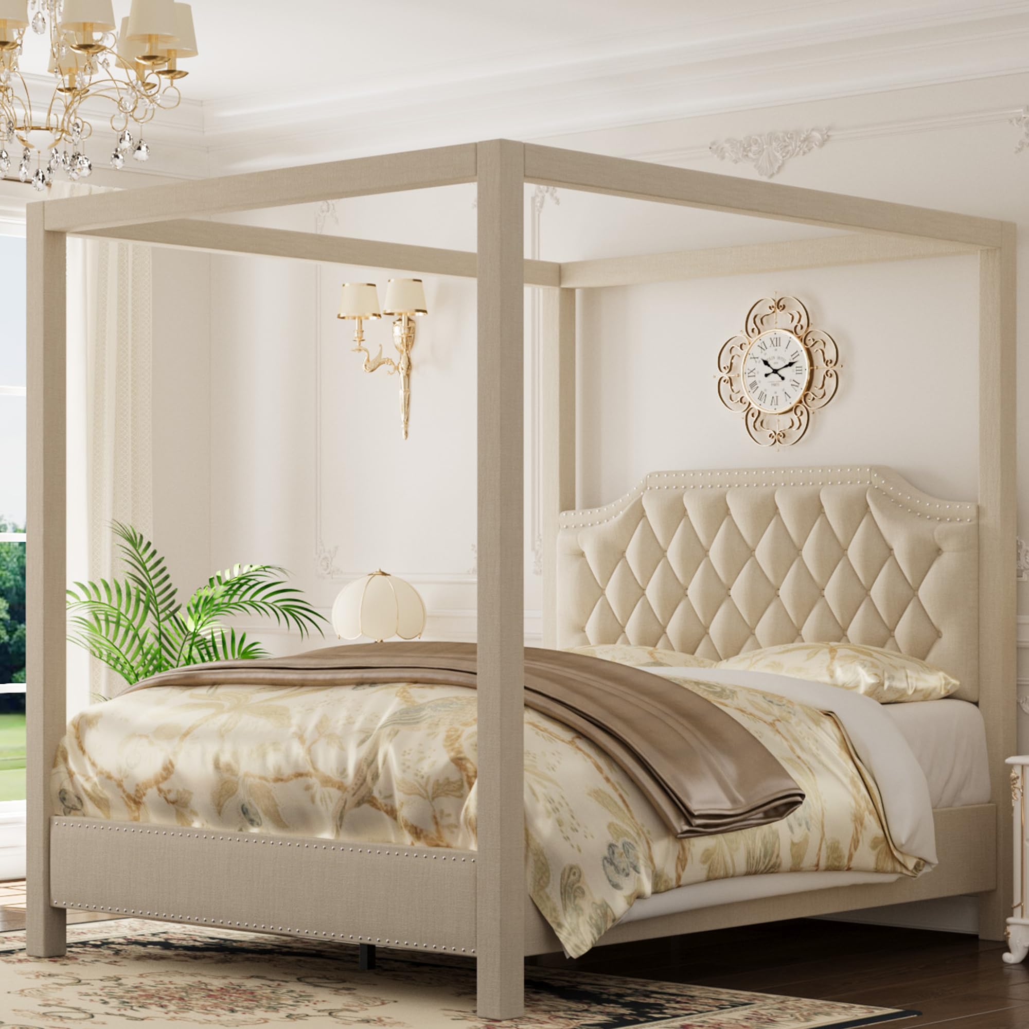 Full Size Canopy Bed Frame with Nailhead Decoration Headboard