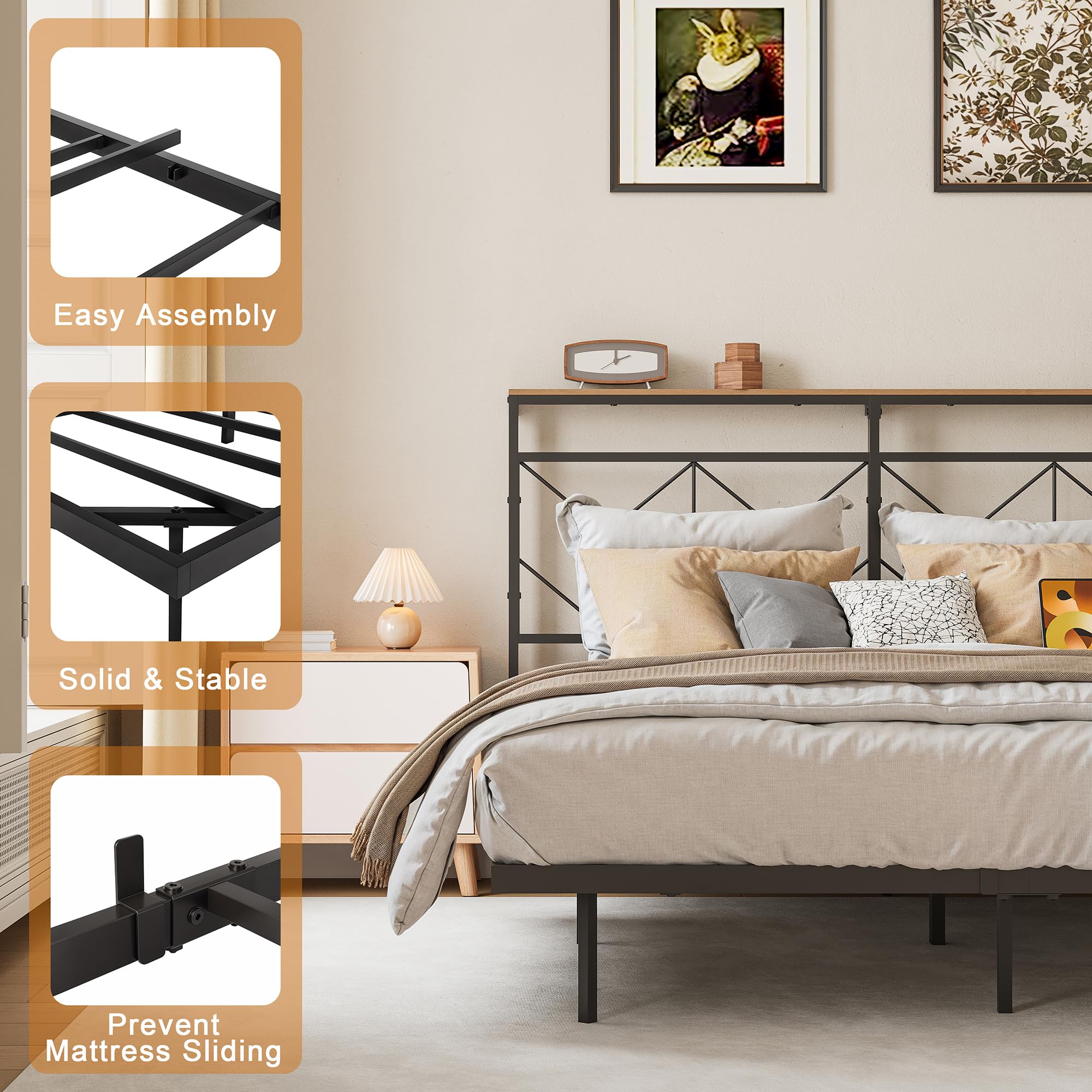 Full Size Floating Bed Frame with Storage Headboard Metal Platform Bed Frame