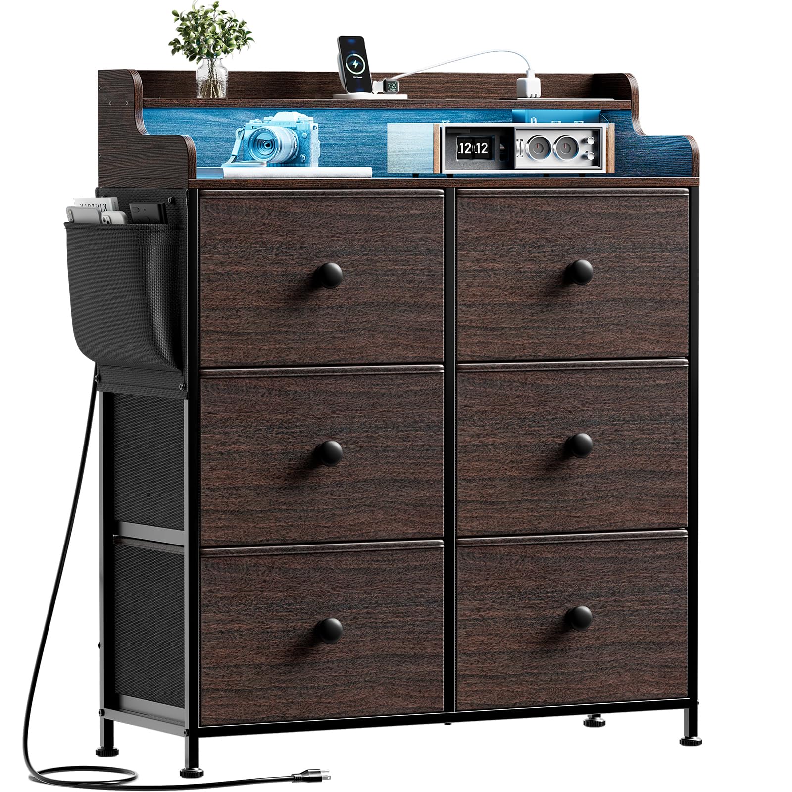 Dresser for Bedroom with Charging Station and LED Lights, 6 Drawers Dresser TV Stand