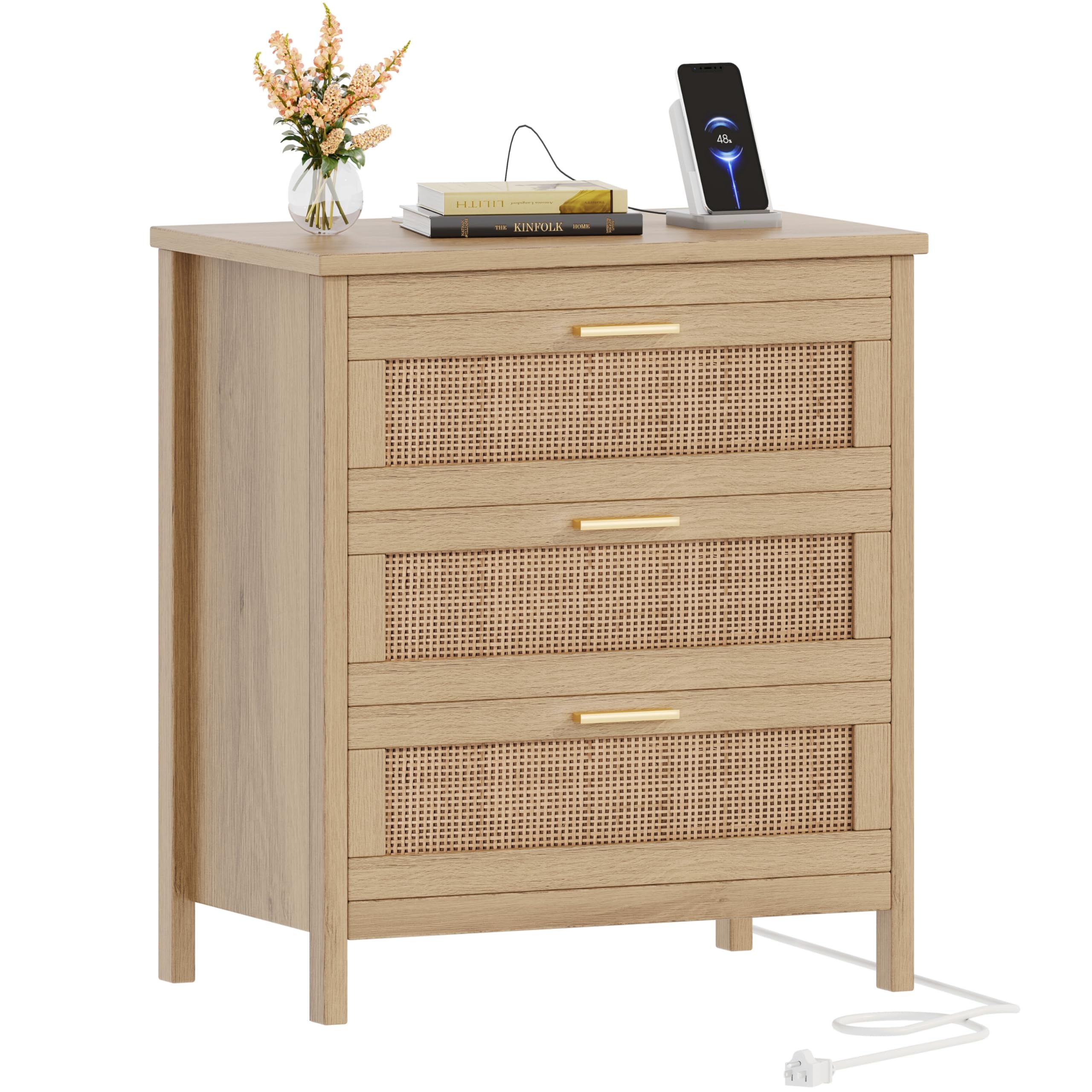Rattan Nightstand with Charging Station, Bedside Table with 3 Drawers