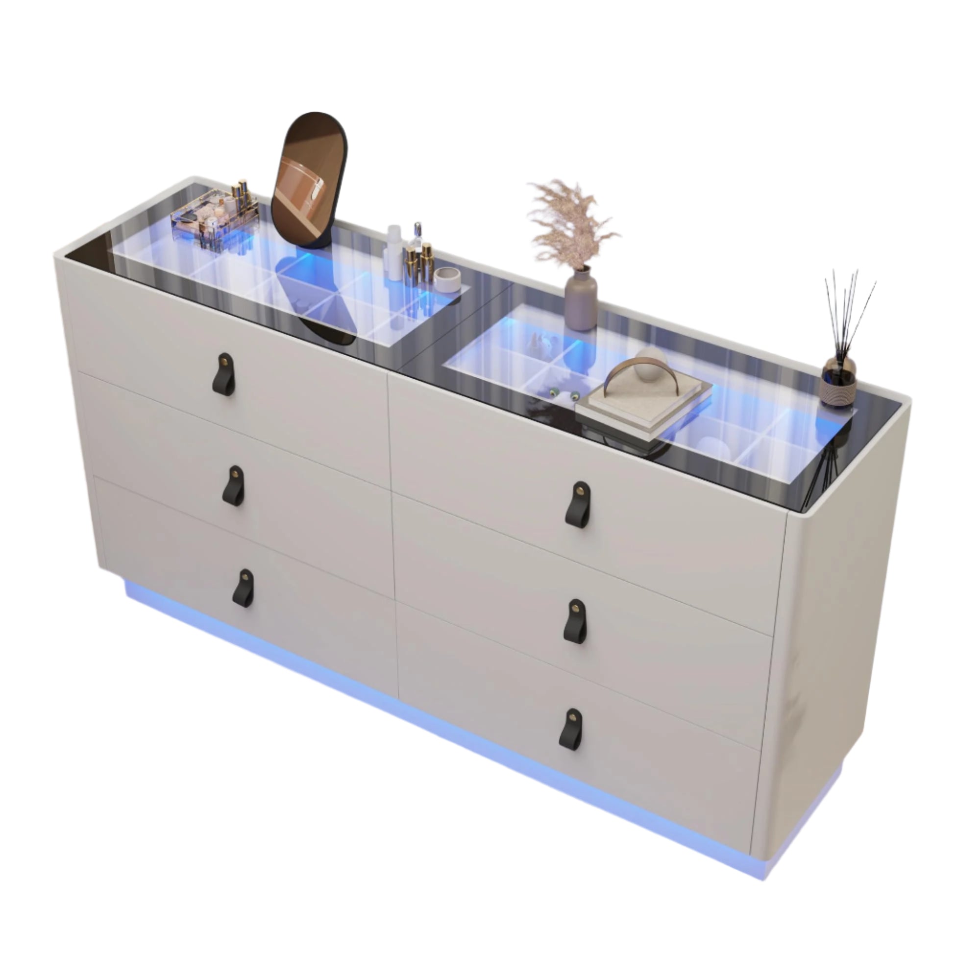 59 Inch Dresser with Jewelry Drawers & Glass Top, Modern Chest of Drawers