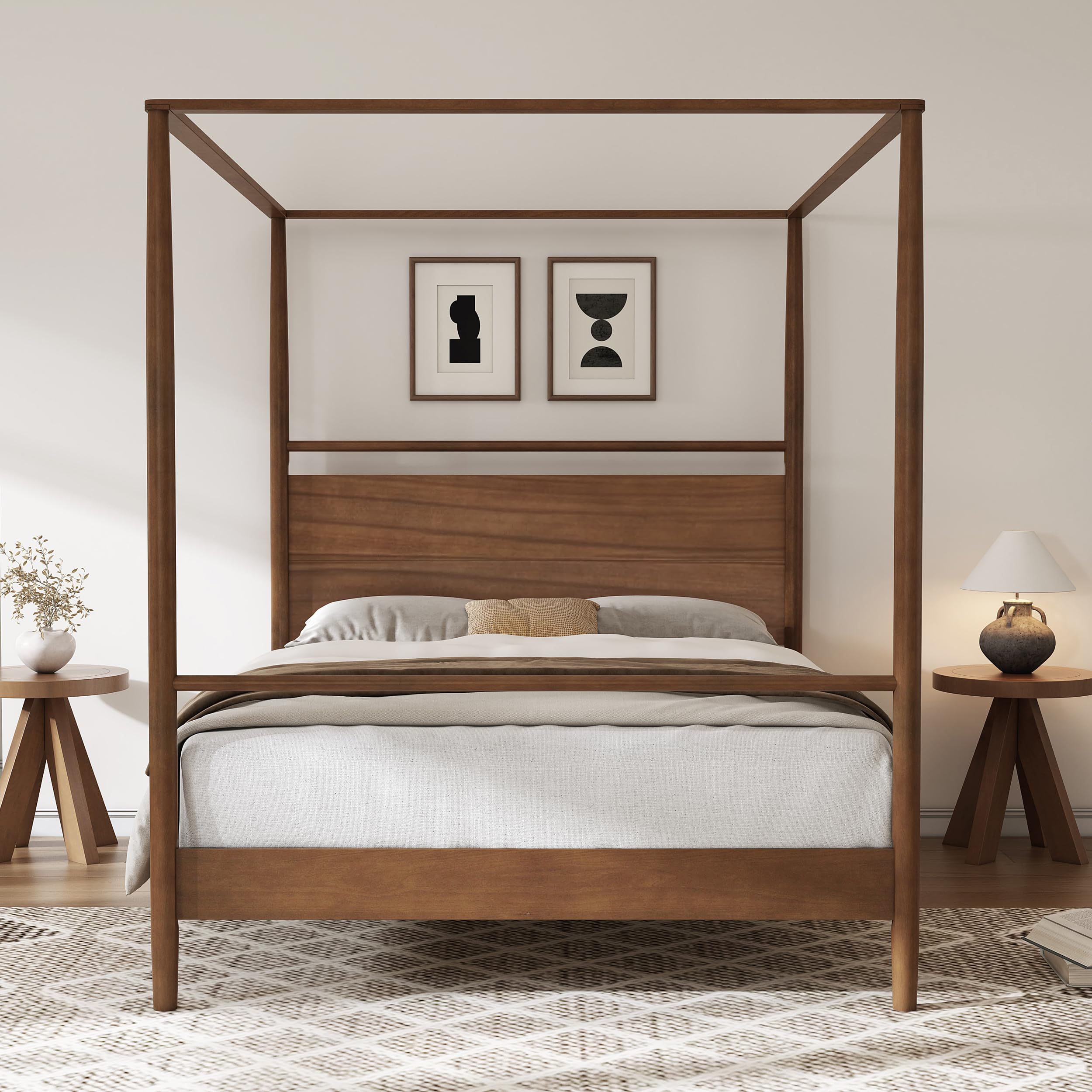 Wood Canopy Bed Frame Full Size, Four Posters Bed/Squeak Resistant/No Box Spring