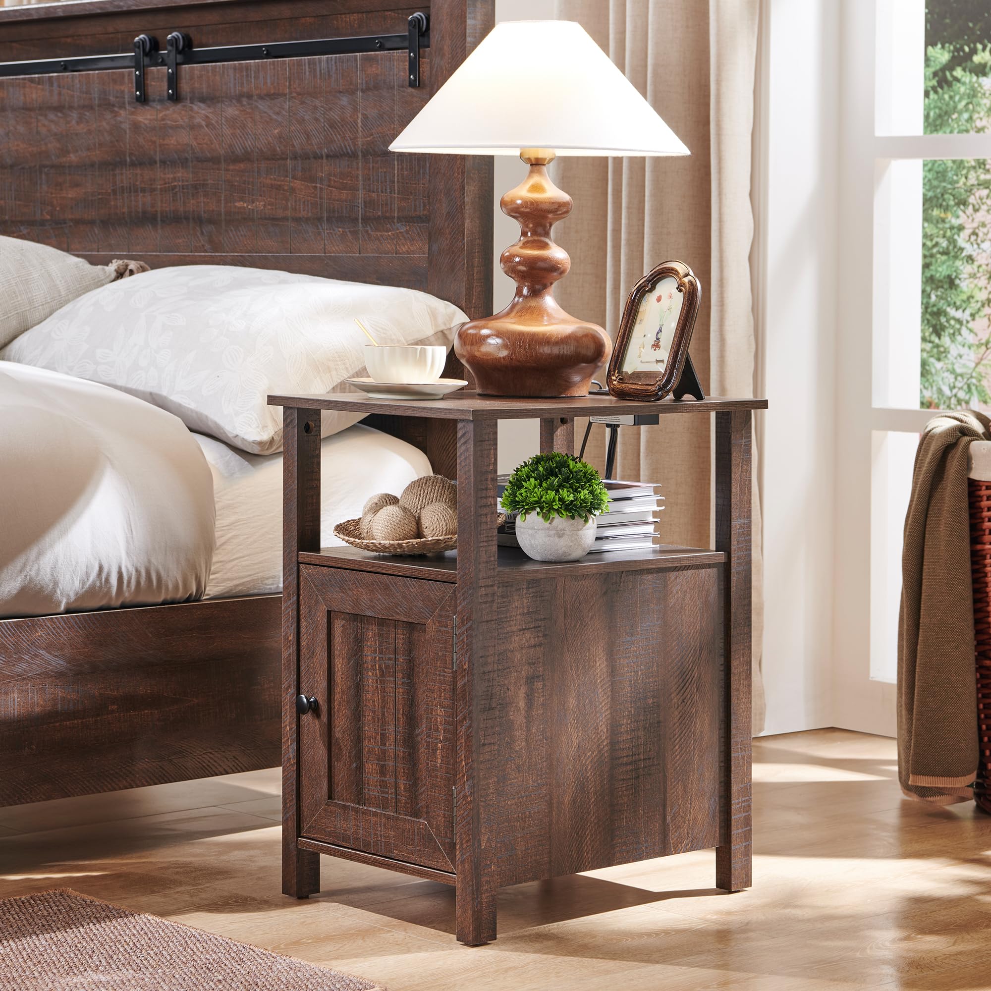 Nightstand with Charging Station, Farmhouse End Table Set of 2