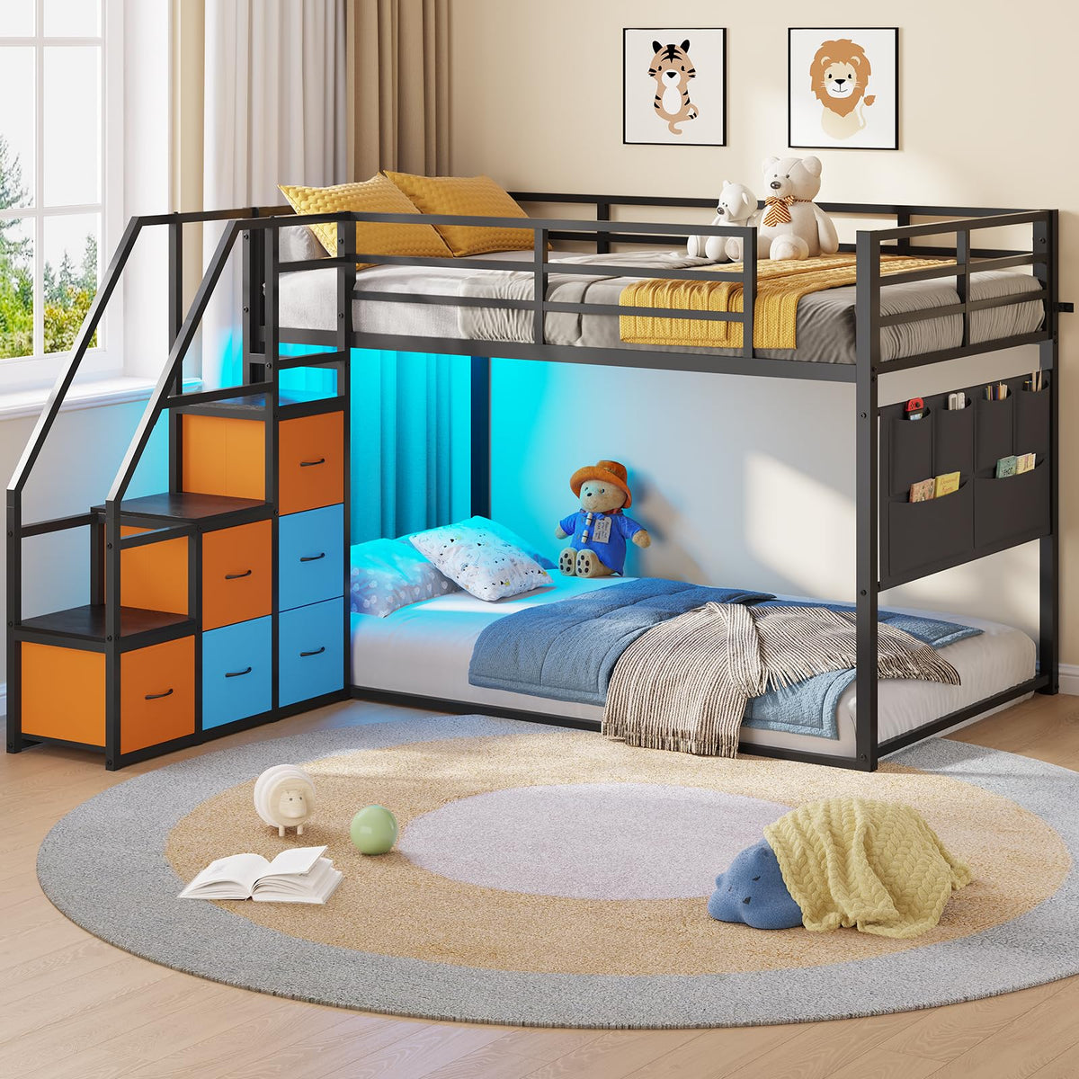 Twin over Twin Bunk Bed with Storage Staircase & LED Lights