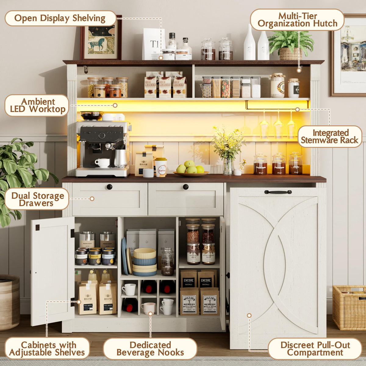 Farmhouse Coffee Bar Cabinet with Storage Hutch, Wine Rack & RGB LED