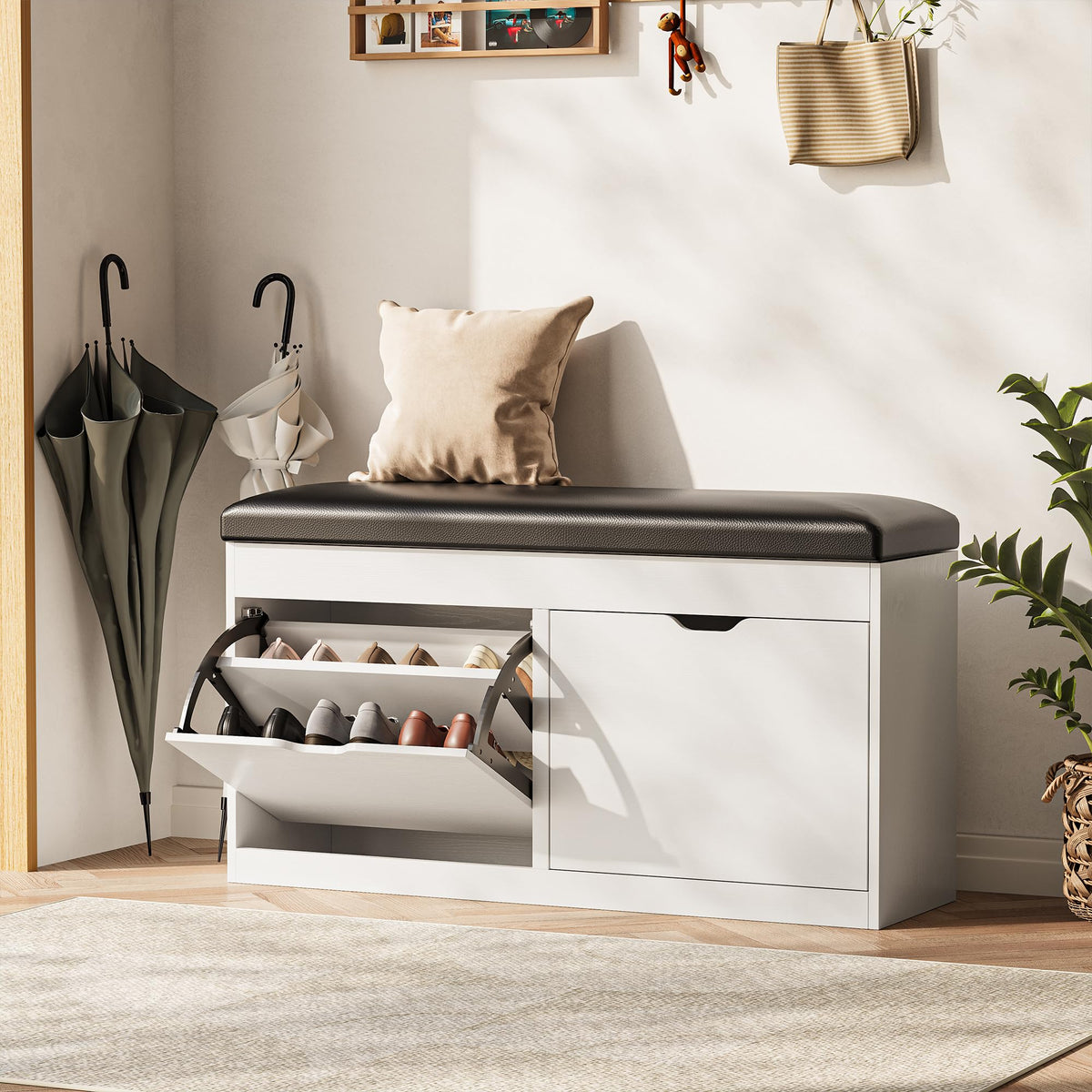 Shoe Storage Bench with Flip Drawers & Padded Seat