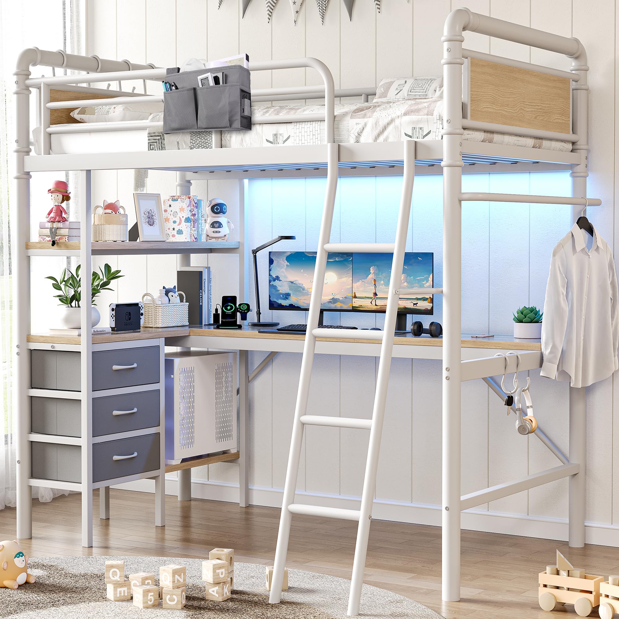 Twin Size Heavy Duty Metal Loft Bed with L-Shaped Desk, LED Lights,Charging