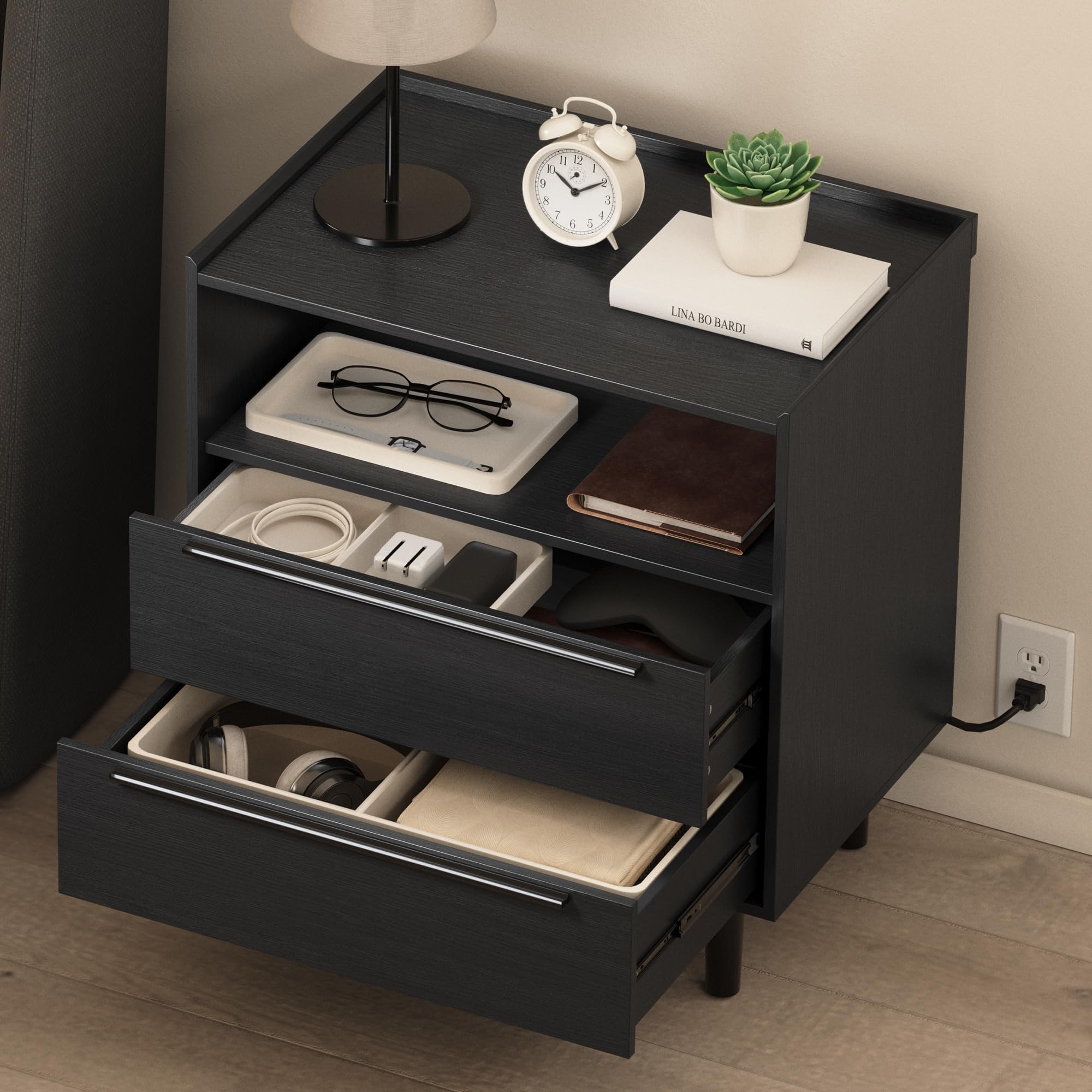 Set of 2 Modern Black Nightstands with Hidden Charging Station, USB Ports