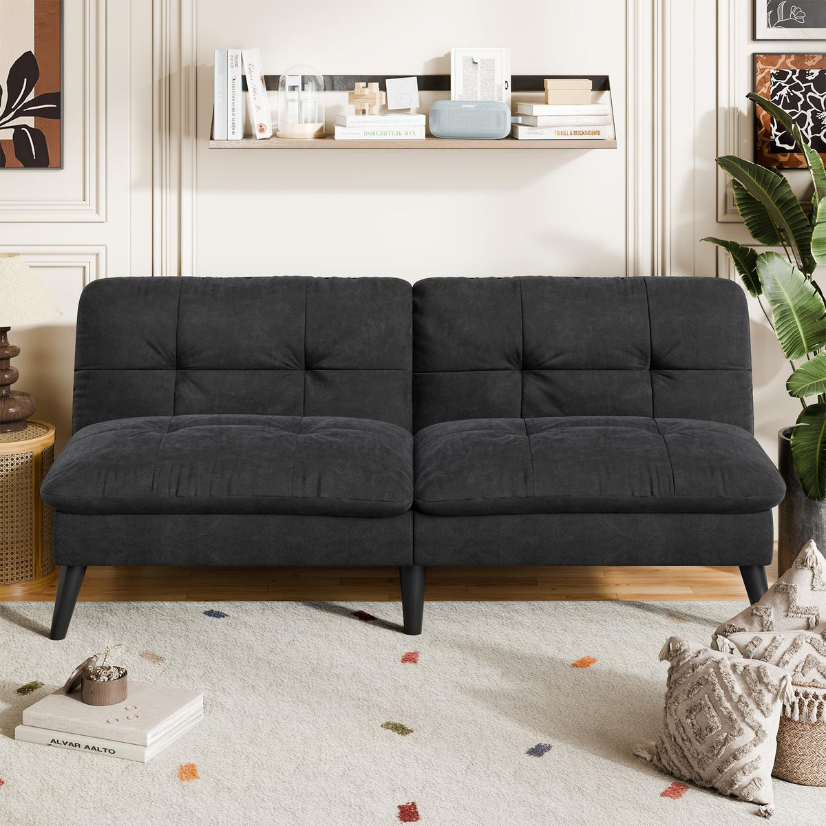 Velvet Futon Loveseat Sofa Bed with Adjustable Backrest – Black