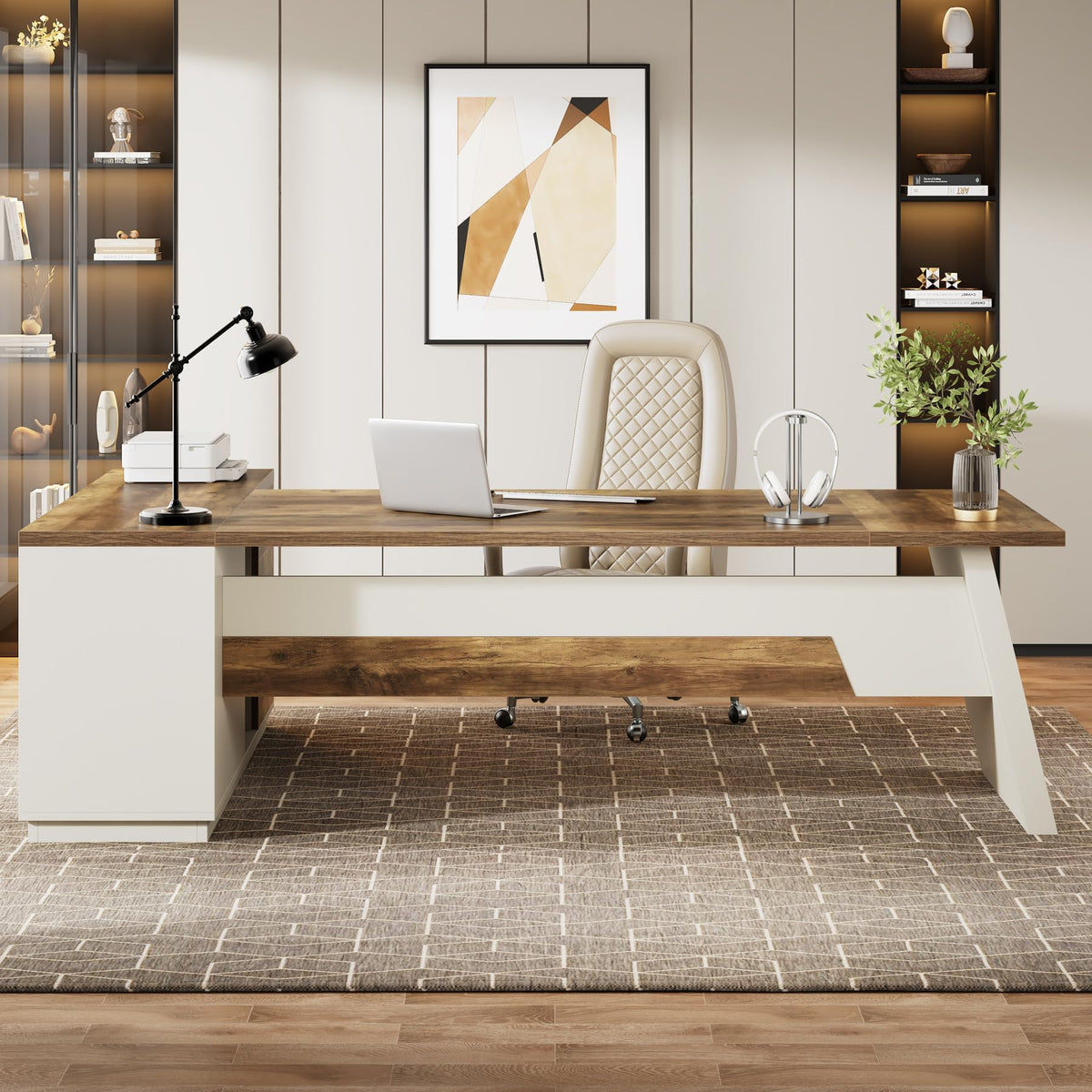 L-Shaped Executive Desk with Drawers & File Cabinet
