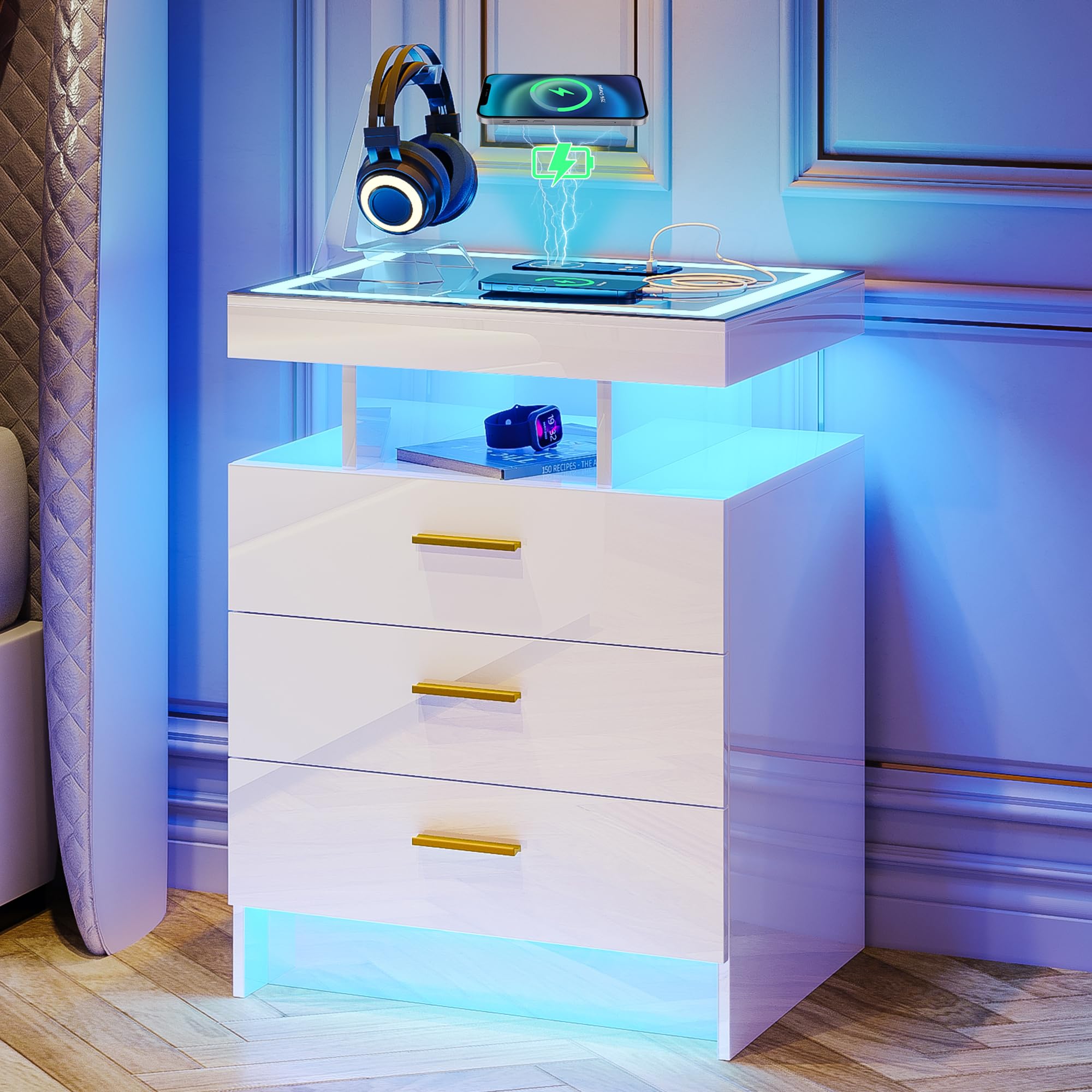 LED Nightstand with Wireless Charging Station, Auto Sensor 3 Color Dimmable Night Stand