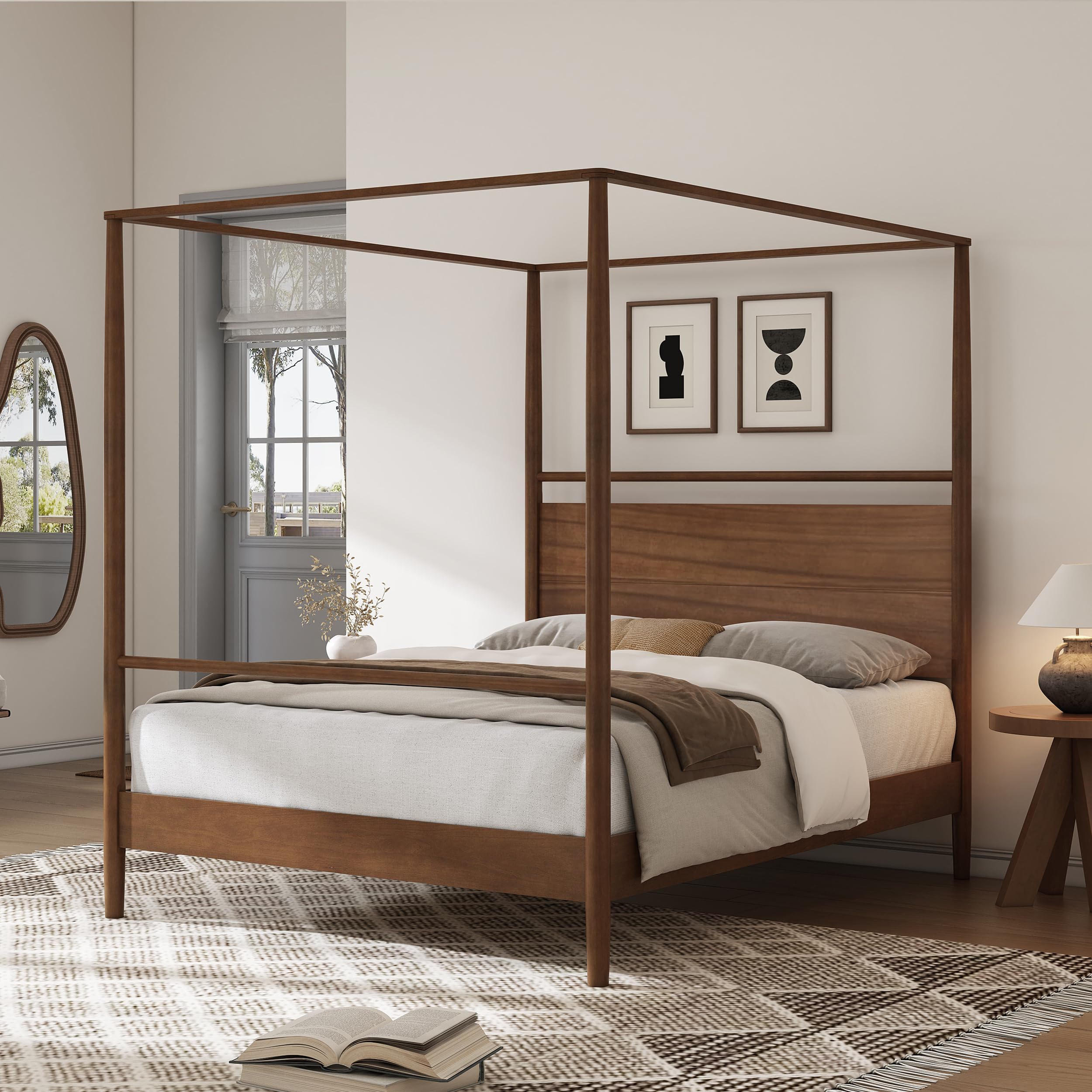 Wood Canopy Bed Frame King Size, Four Posters Bed/Squeak Resistant/No