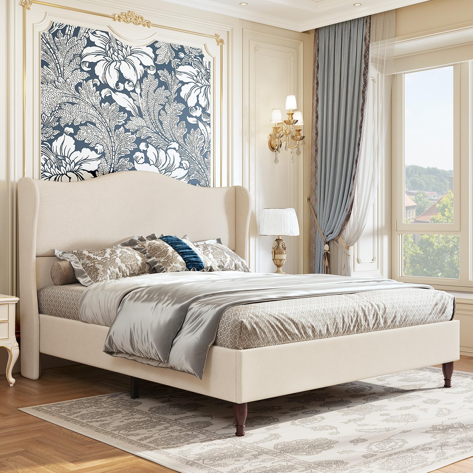 King Size Bed Frame Upholstered Platform Bed with 51" Tall Headboard Wingback