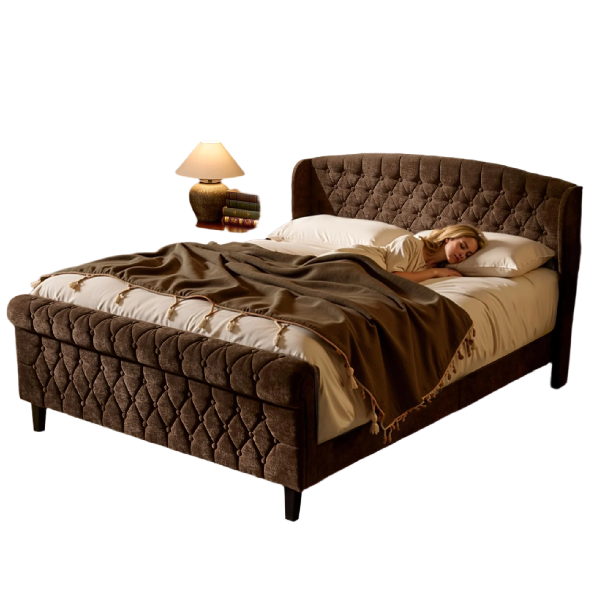 Full Size Sleigh Bed Frame with Wingback Headboard, Chenille Upholstered Platform Bed