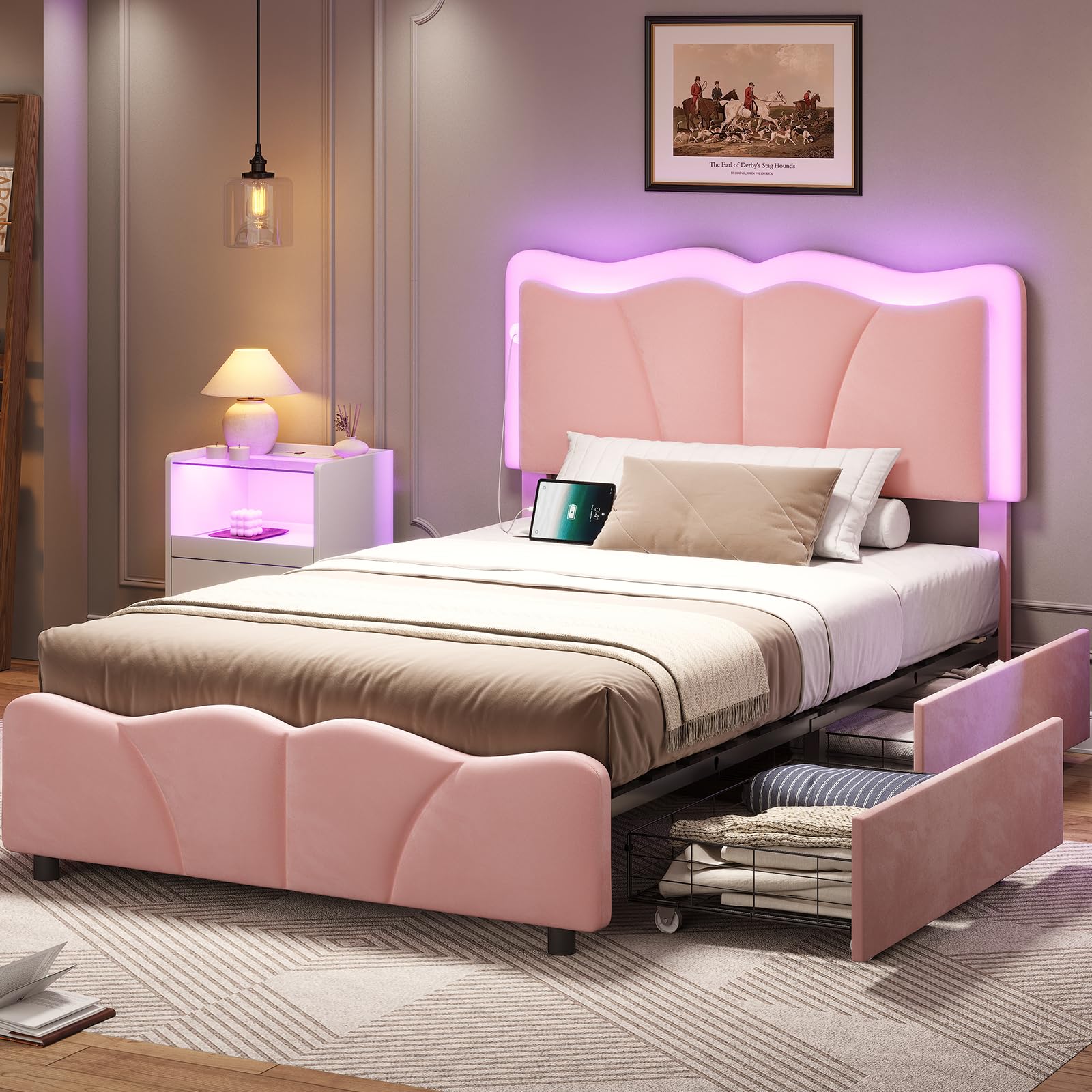 Bed Frames with 4 Storage Drawers and LED Lights, Velvet