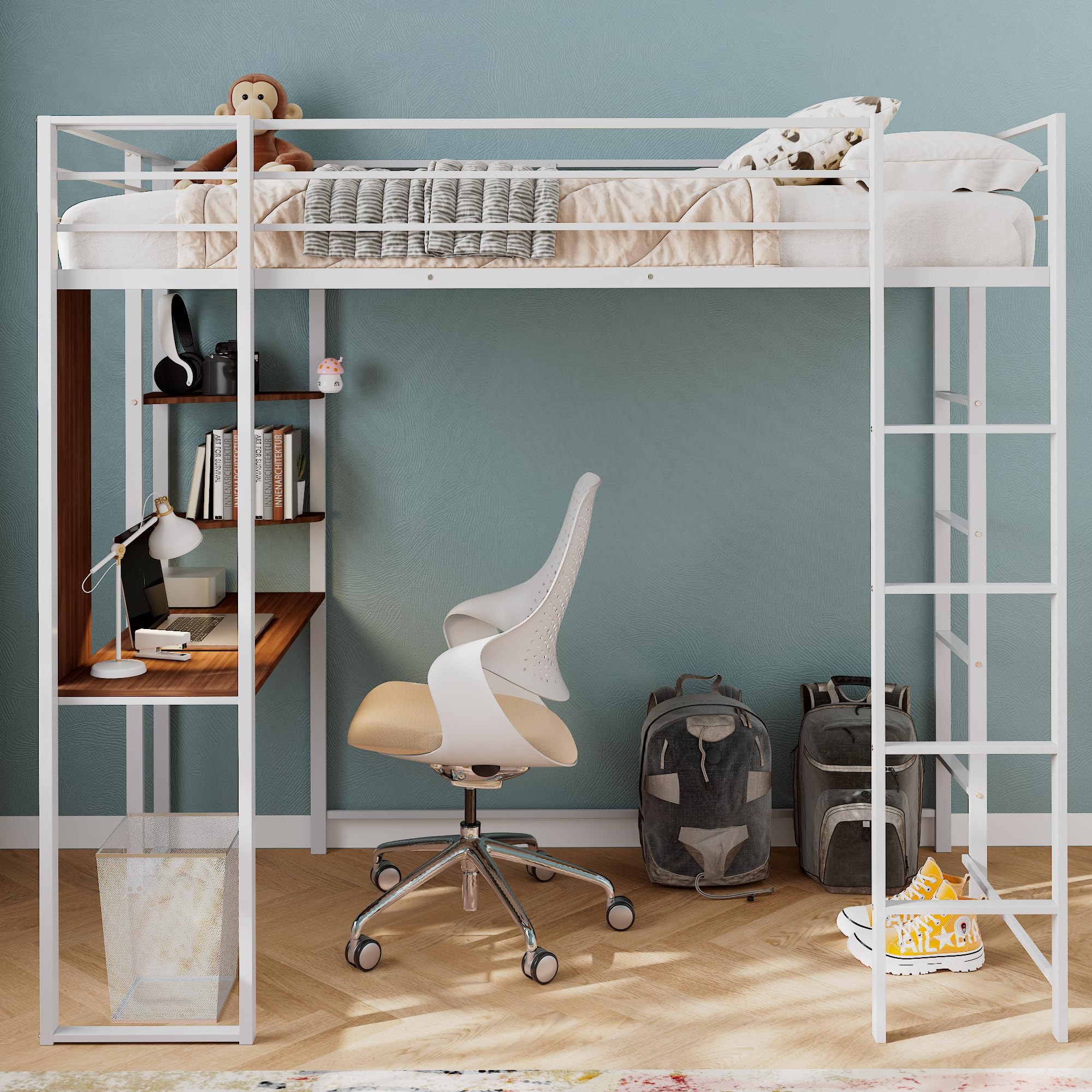 Loft Bed with 2 Shelves and one Desk, Loft Bed Frame