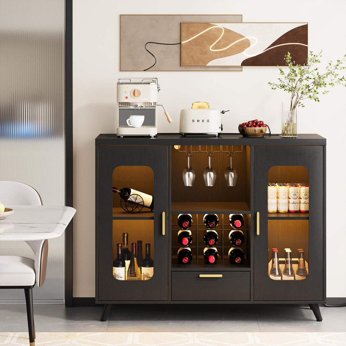 Bar Cabinet with LED Light, Wine Rack & Glass Holder